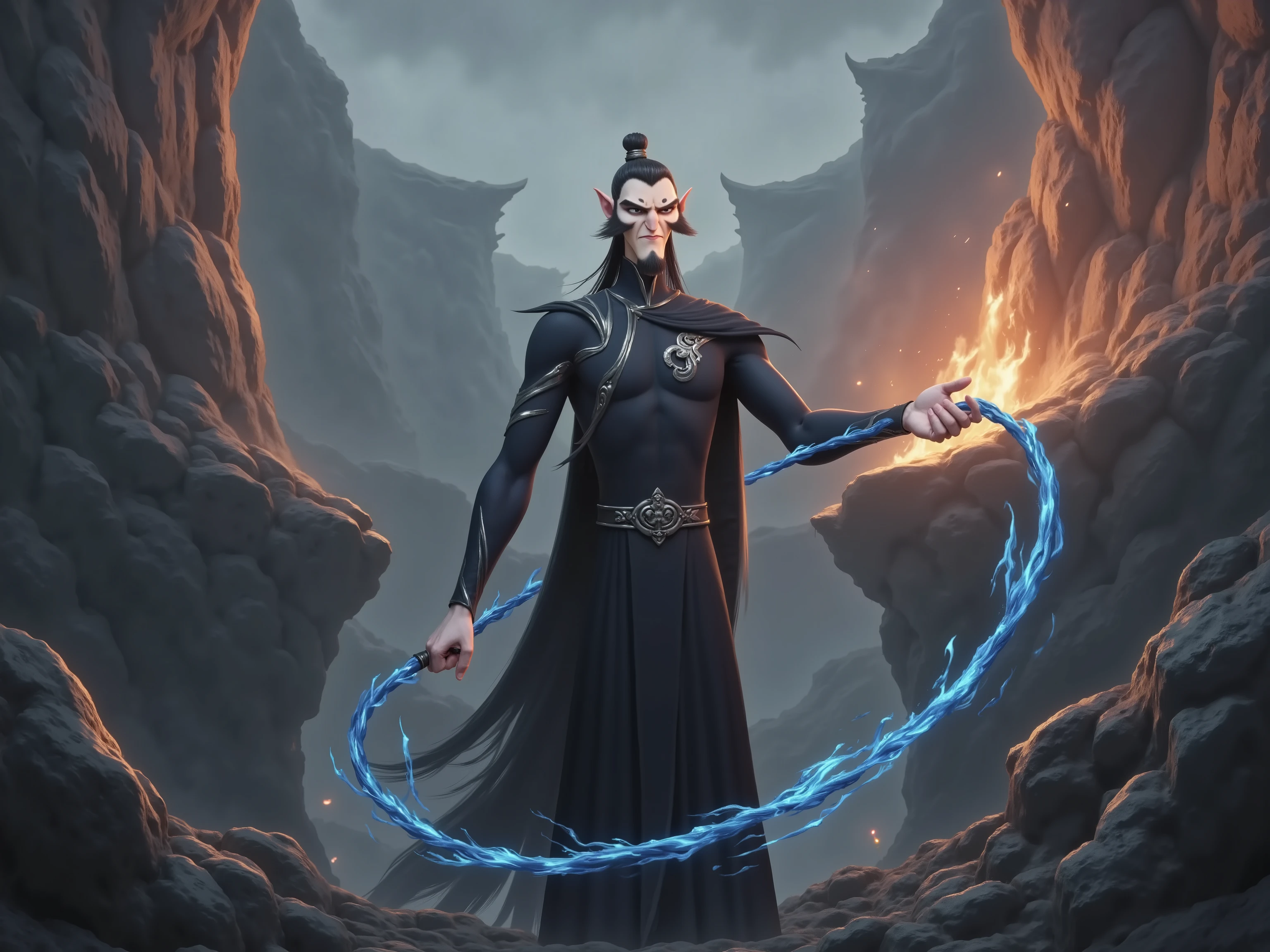 ( masterpiece, top quality:1.2), Game anime characters, alone,beard, Black Robe ,slim。Holding a blue whip in his hand。Kung Fu Action ,flame,cliff,Ominous clouds,Grand scene,Large game scene