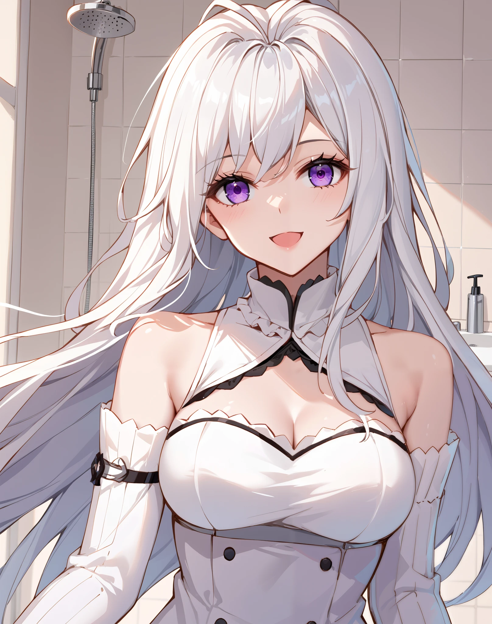 Gu_Yuena, white hair, long hair, purple eyes,  antenna hair, guyuena clothes, collared shirt, detached sleeves,ta dress , bathroom, BREAK looking at viewer, sexy face, sexy smile, open mouth, cowboy shot, BREAK score_9, score_8_up, score_7_up, source_anime ,zPDXL,manhua, 
