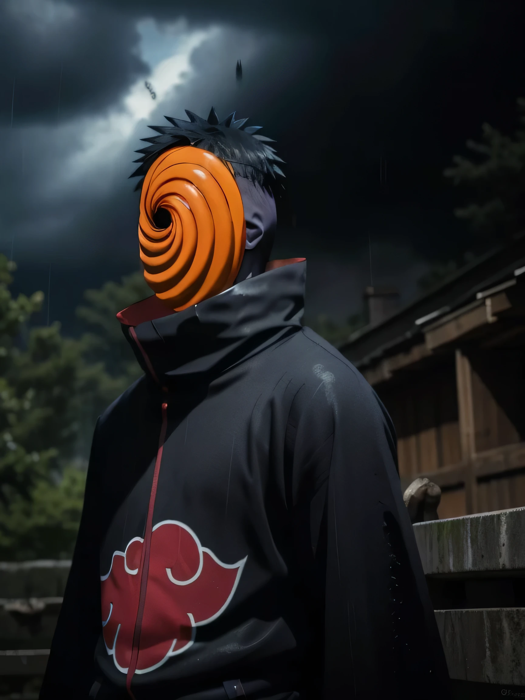 score_9,score_8_up,score_7_up,source_anime,rating_safe BREAK masterpiece,highres,best quality,high quality,dramatic angle,cinematic lighting,1boy,Tobi,orange mask,black hair,black robe,akatsuki robe,black robe with red cloud pattern on it,patterned,black gloves,torn clothes,torn mask,scar,rain,depth of field,rainy,raindrop,water,wet,dark clouds,ruin,serious,covered only half face,red eye,sharingan,glowing eye,damaged,from below,
