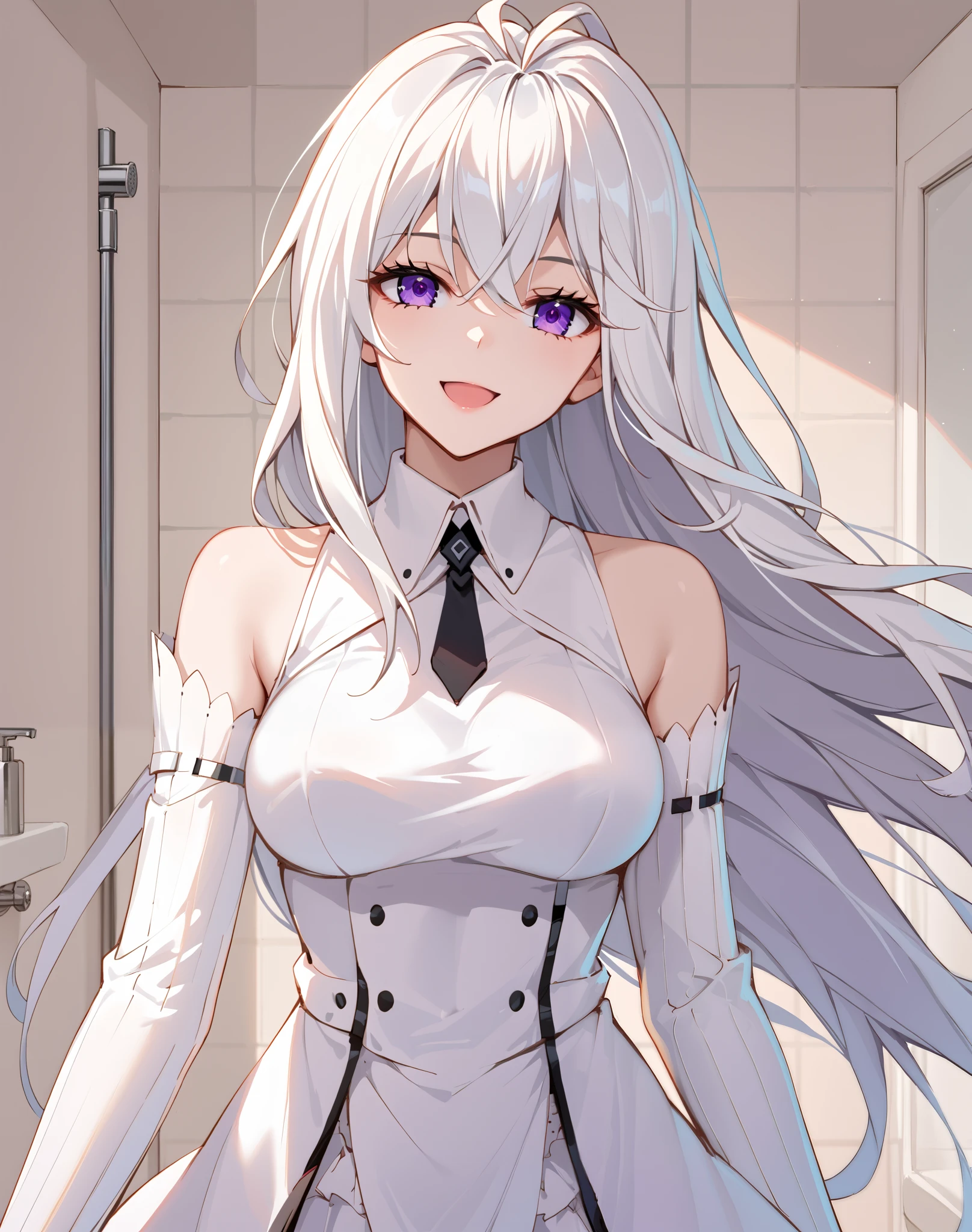 Gu_Yuena, white hair, long hair, purple eyes,  antenna hair, guyuena clothes, collared shirt, detached sleeves,ta dress , bathroom, BREAK looking at viewer, sexy face, sexy smile, open mouth, cowboy shot, BREAK score_9, score_8_up, score_7_up, source_anime ,zPDXL,manhua, 