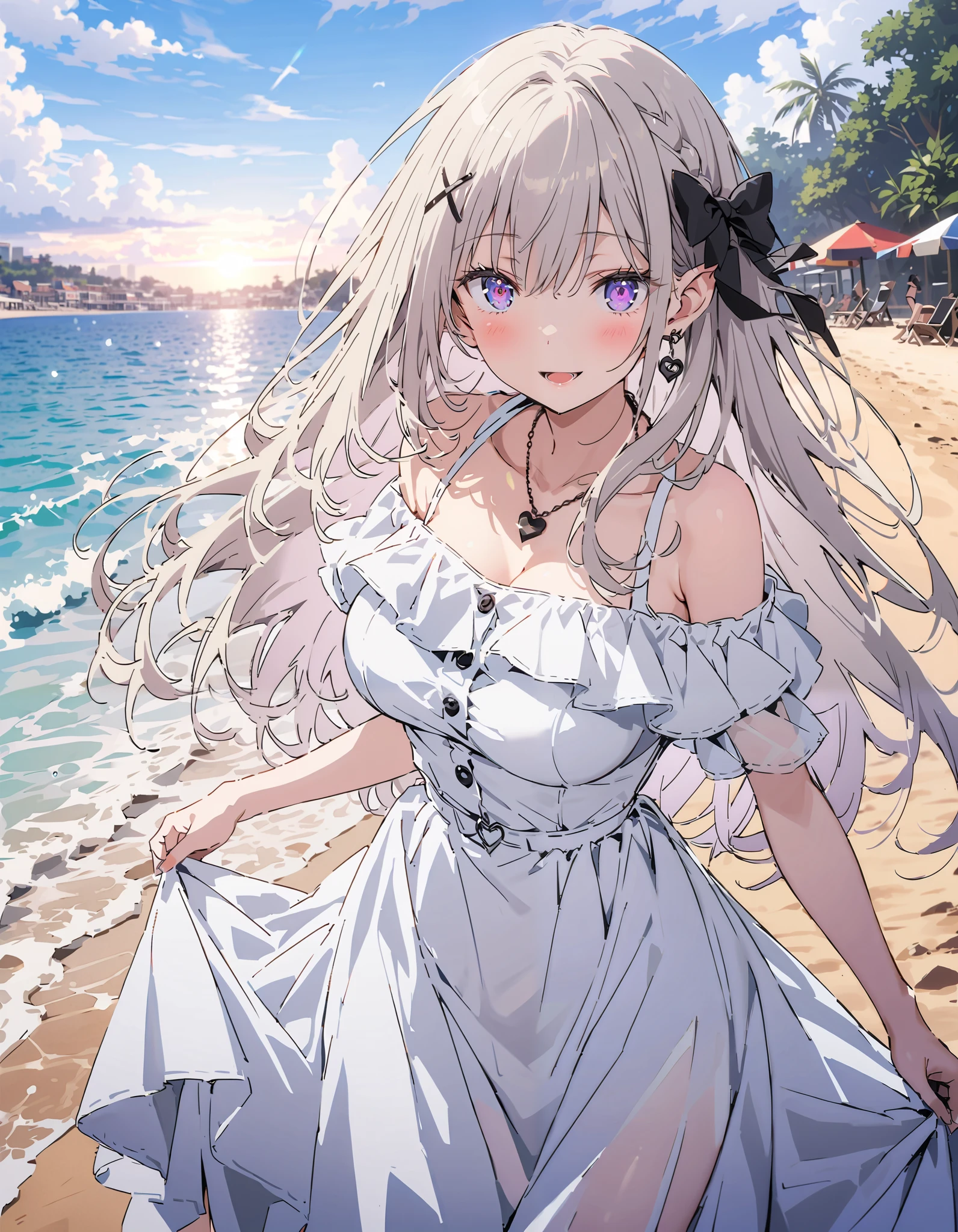 score_9, score_8_ up the side, score_7_ up the side, source_Anime, Emilia, braided, crown braided, flower, Hair Ornament, hair bow, long hair, pointed ears, purple eyes, Gray Hair, x Hair Ornament, big breasts, straw hat,smile,blush, open your mouth, black off-shoulder dress, heart shaped necklace , white long skirt, barefoot,evening, in the sun's nature, are standing,,whole bodyがイラストに入るように,
break oudoors, beach,
break looking at viewer,whole body,
break ( Masterpiece:1.2), top quality , kampala, Unity 8k Wallpaper,(shape:0.8),( fine, beautiful eyes :1.6),It's a person ,whole body写真,CG Details , ( perfect hands, Complete Anatomy),