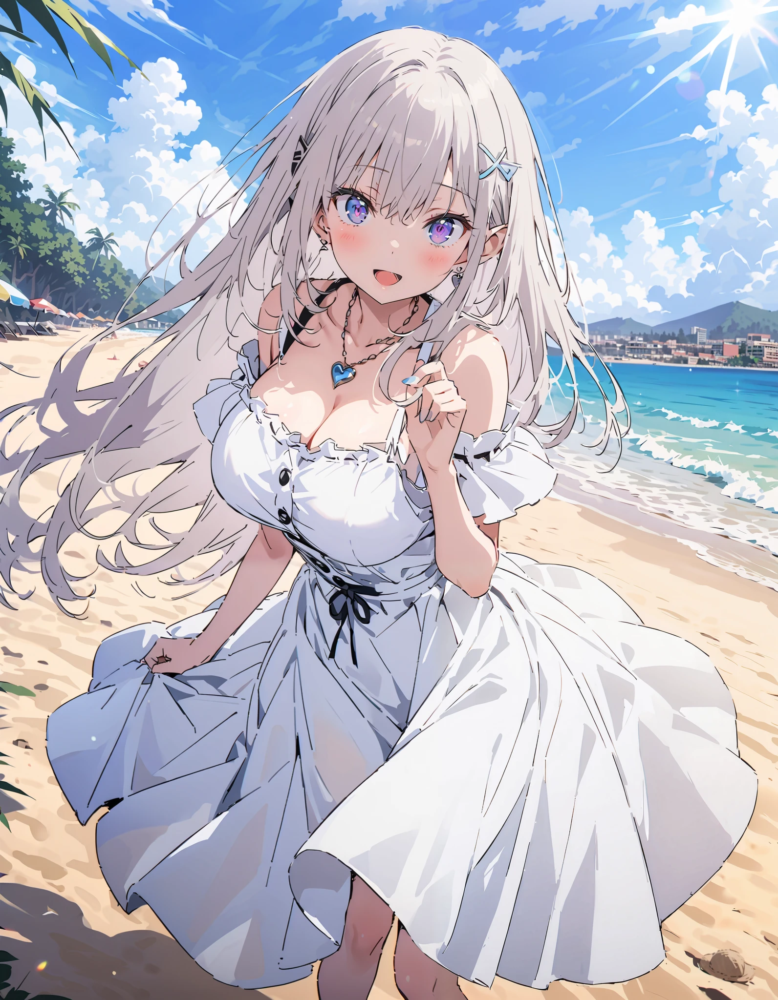 score_9, score_8_ up the side, score_7_ up the side, source_Anime, Emilia, braided, crown braided, flower, Hair Ornament, hair bow, long hair, pointed ears, purple eyes, Gray Hair, x Hair Ornament, big breasts, straw hat,smile,blush, open your mouth, black off-shoulder dress, heart shaped necklace , white long skirt, barefoot,evening, in the sun's nature, are standing,,whole bodyがイラストに入るように,
break oudoors, beach,
break looking at viewer,whole body,
break ( Masterpiece:1.2), top quality , kampala, Unity 8k Wallpaper,(shape:0.8),( fine, beautiful eyes :1.6),It's a person ,whole body写真,CG Details , ( perfect hands, Complete Anatomy),