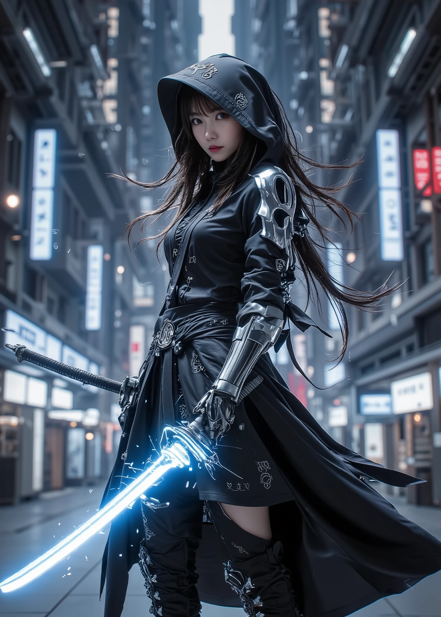 Super real full body photo , young girls ,身穿龐克風连帽 Knights Templar裝, holding a blue glowing sword , Knights Templar, with cyberpunk city in the background