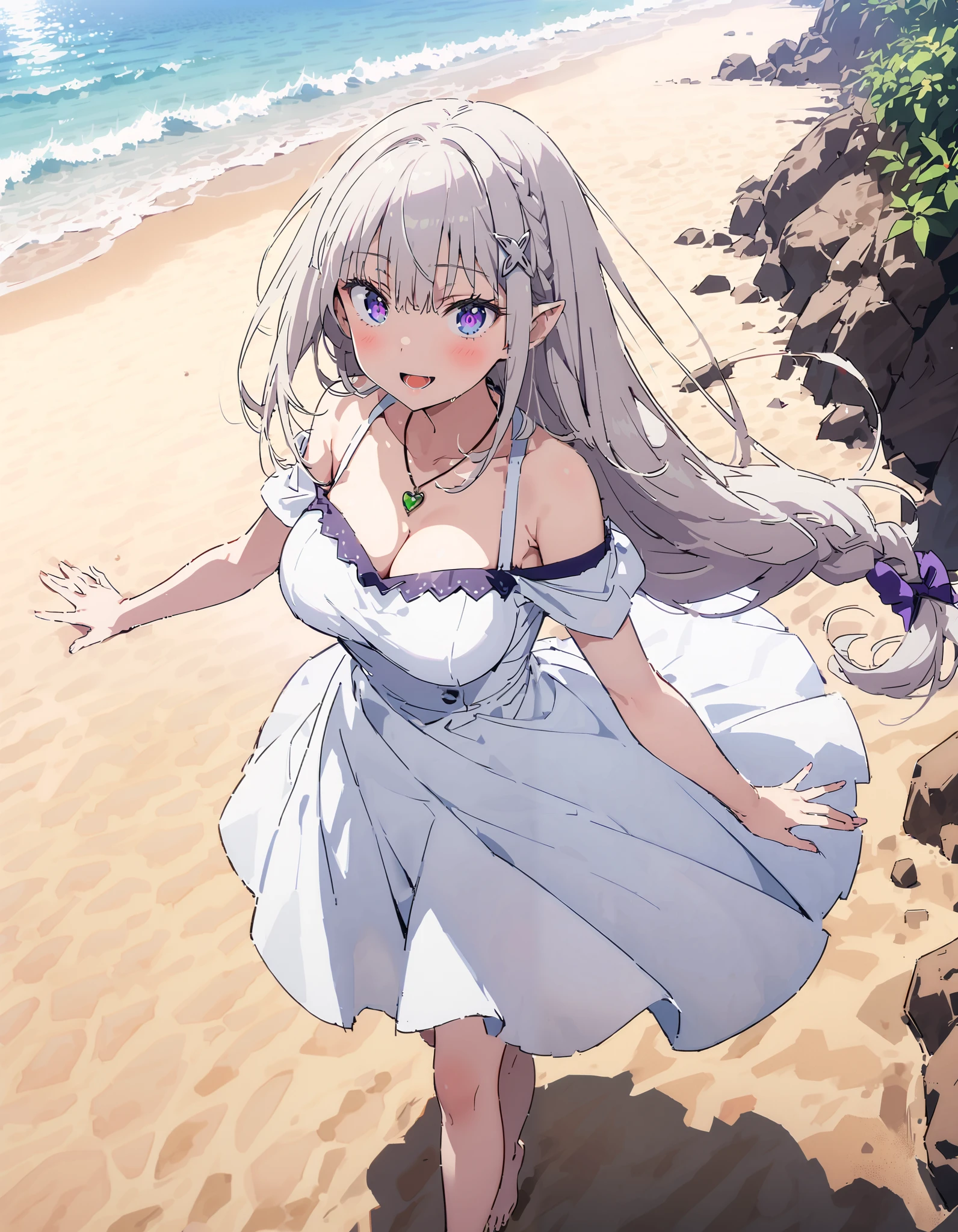 Emilia, braided, crown braided, flower, Hair Ornament, hair bow, long hair, pointed ears, purple eyes, Gray Hair, x Hair Ornament, big breasts, straw hat,smile,blush, open your mouth, black off-shoulder dress, heart shaped necklace , white long skirt, barefoot,evening, in the sun's nature, are standing,,whole bodyがイラストに入るように,
break oudoors, beach,
break looking at viewer,whole body,
break ( Masterpiece:1.2), top quality , kampala, Unity 8k Wallpaper,(shape:0.8),( fine, beautiful eyes :1.6),It's a person ,whole body写真,CG Details , ( perfect hands, Complete Anatomy),