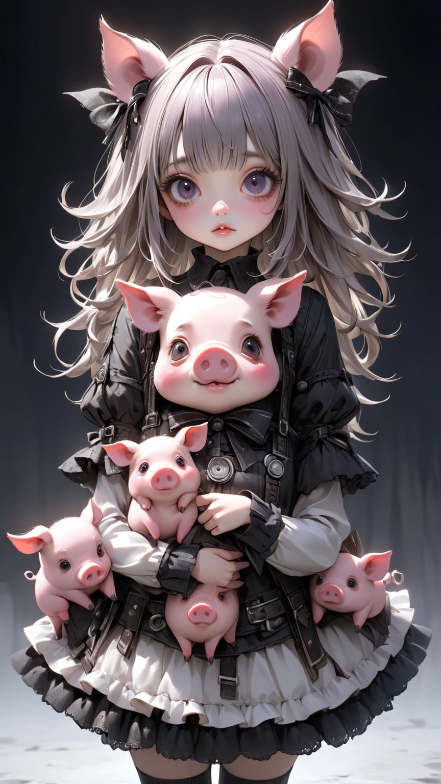 /Imagination Tips: Illustration A pretty little girl with long pig ears squats and sees a piglet, a beautiful little girl with long pig ears::15, garbage piled up with trash::15, garbage picking:10, rule of thirds:::5, base view::10, Unreal Engine::10, beautiful lights::10, dramatic lights:::8, movie lights::12, fantasy::12, super quality::5, futuristic lab::10, steampunk::13, movies::6 -- Seed 33434521 --S 400 --Q 2 --C 40, lots of detail, masterpiece, handle well