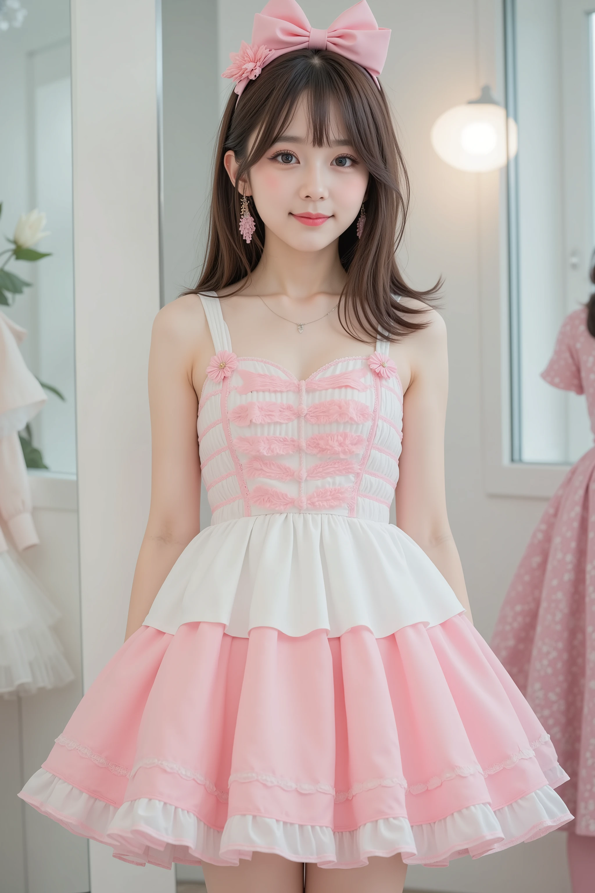 NSFW, Photorealistic,
pastel colors,
simple background,
very cute little Japanese girl,
wearing a three-tiered frill miniskirt dress,
the dress uses five vibrant colors,
she is standing in the showcase and smiling,