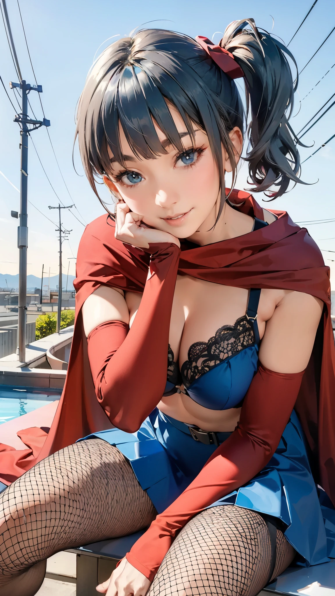 girl sitting, BREAK, girl, sitting, leaning backward, hand-rest, short red cape, blue bra, (yo, cute:1.6), (large breasts:1.2), flowing flair, fishnet tights, blue skirt, black arm sleeve, belt, short side ponytail, blue hair, flat bangs, looking at viewer, smile, twilight sky, horizon, power lines,