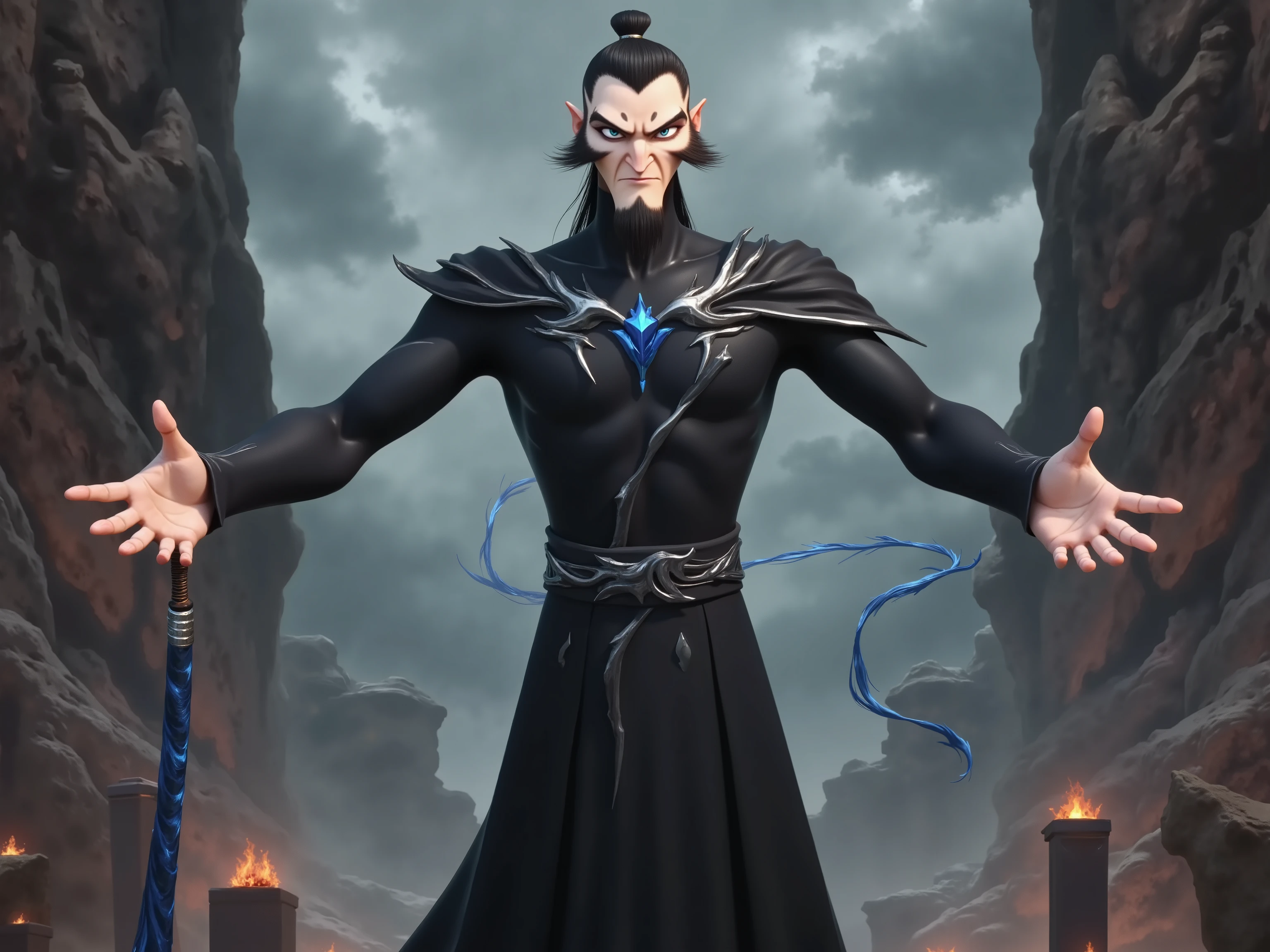 ( masterpiece, top quality:1.2), Game anime characters, alone,beard, Black Robe ,slim。Holding a blue whip in his hand。Kung Fu Action ,flame,cliff,Ominous clouds,Grand scene,Large game scene