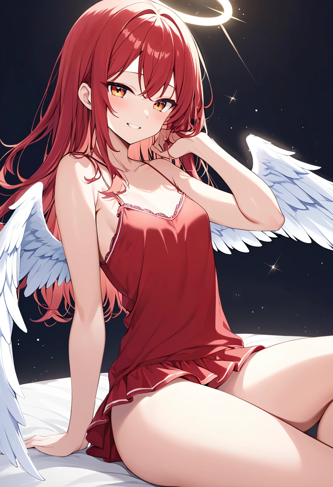 masterpiece, best quality,solo, wearing only oversize white shirt, shoulder slip,cleavage,large breasts ,dark red hair ,short sleeves, thighs,yellow eyes , sakurauchi riko love live , standing , (leaning forward:0.7), looking at viewer , simple red background , semi closed eyes, sweating , black feather wings