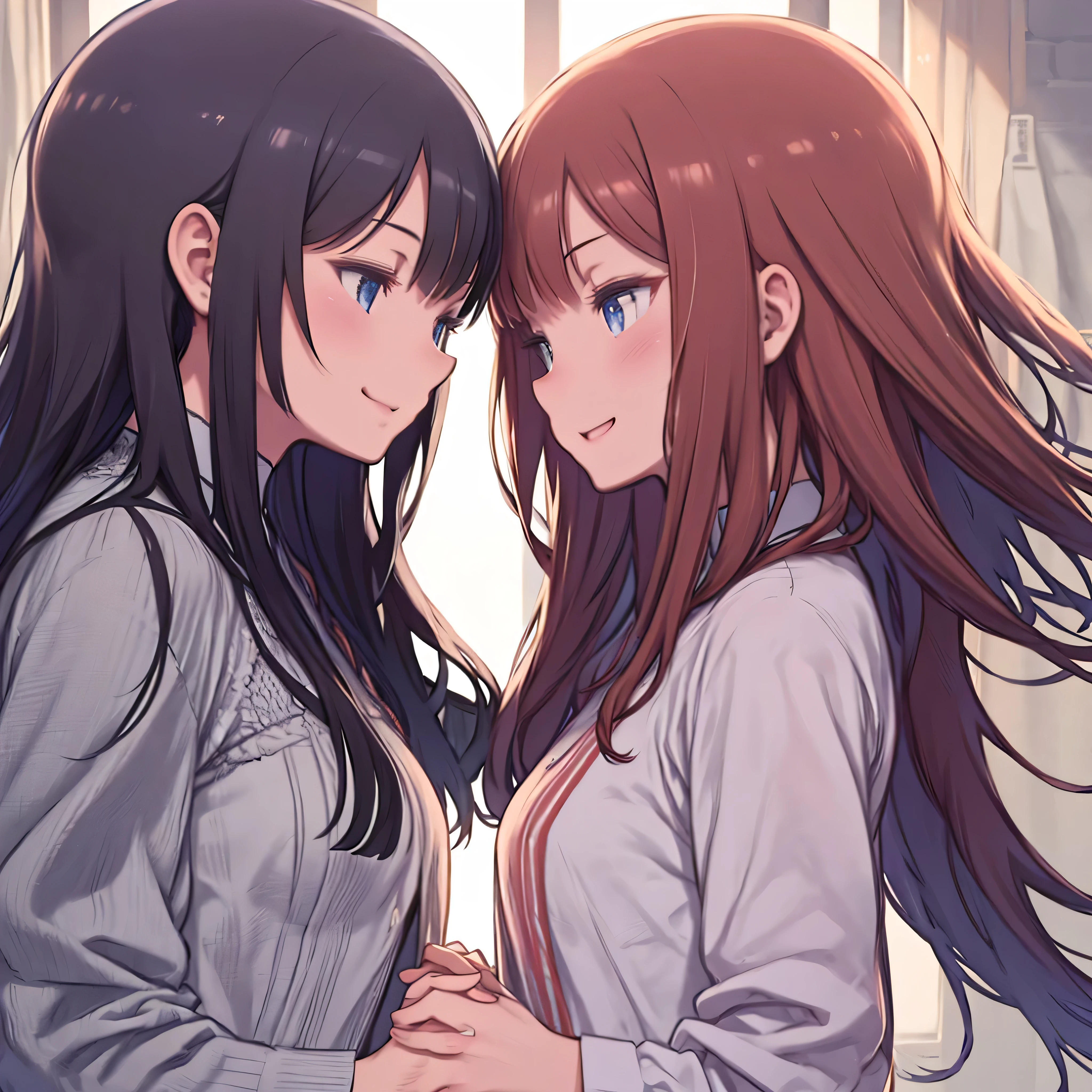masterpiece, best quality, extremely detailed, anime, 2Girls, twins, same face, same clothes, black hair, the girl on the right has very short hair, the girl on the left has very long hair, facing each other,, screen split down the middle,
