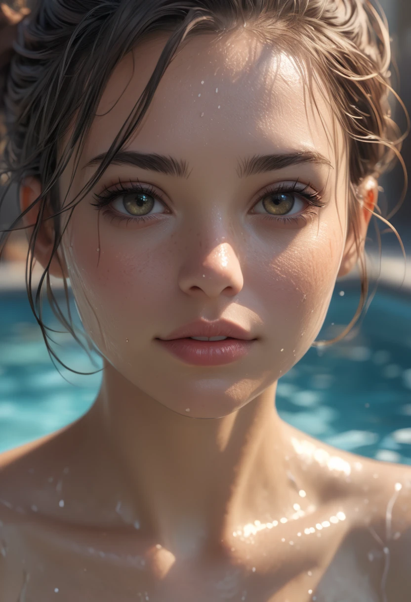 photo of celebrity, RAW, beautiful woman, ((portrait)), ((detailed face:1.2)), ((detailed facial feature, detailed skin, clear skin), (perfect proportioned body), (NSFW, stream of creamy liquid spraying all over her face making her soaking wet:1.5)), (high detailed tropical waterfall), swimming in a pool, (realistic photo, best quality, detailed), (8k wallpaper), (cinematic lighting, dramatic lighting) (sharp focus, intricate)