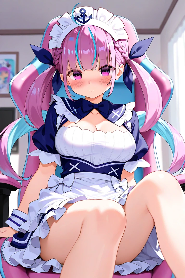 (muste piece), (best quality), (score_9, score_8_up, score_7_up), very detailed eyes, expressive eyes, perfect face, very detailed face, highly detailed face, beautiful girl, 8K, beautiful girl, white background, delicate and beautiful face and eyes, dark intense shadow, 1 girl, vtuber style, cool girl, vtuber, Minato Aqua, multi color hair, Twin-tailed, Color Inner Hair, Two-tone hair, Drill Hair, twin drills, Ahoge, Ankle Cuffs, striated hair, maid headdress, cleavage, short sleeves, blue bow, wrist cuffs, big chest, cleavage, sitting, knees together feet apart, hands on knees, shy, embarrassed, (full body),