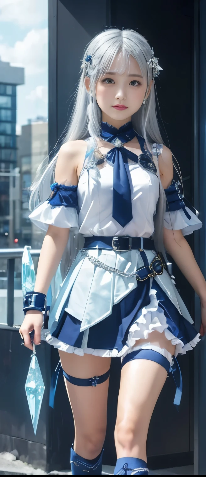 pure icicle idol girl( silver hair)、A pure girl's face、 hypo、、Ice uniform (、 tight mini skirt)、 Crystal Belt 、、 Glowing Stone Axe