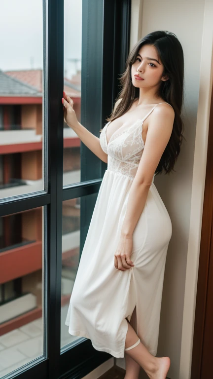 full body, Girls' Front, ribs, breast squeeze, shiny, Perfect female body, woman, mature female, messy long hair, curly hair, wept bangs, detailed black hair, Authentic and detailed face, ^ ^, complex details beautiful and delicate eyes, open mouth, nail polish, huge breasts, barefoot, Authentic skin texture, floating lab-gown, semi-rimless eyewear, gem necklace, underwear, bra, stocking, high heels, overexplosure, strapless, black Clothes, indoors, bed, extremely detailed 8K wallpaper, best quality, masterpiece, nsfw