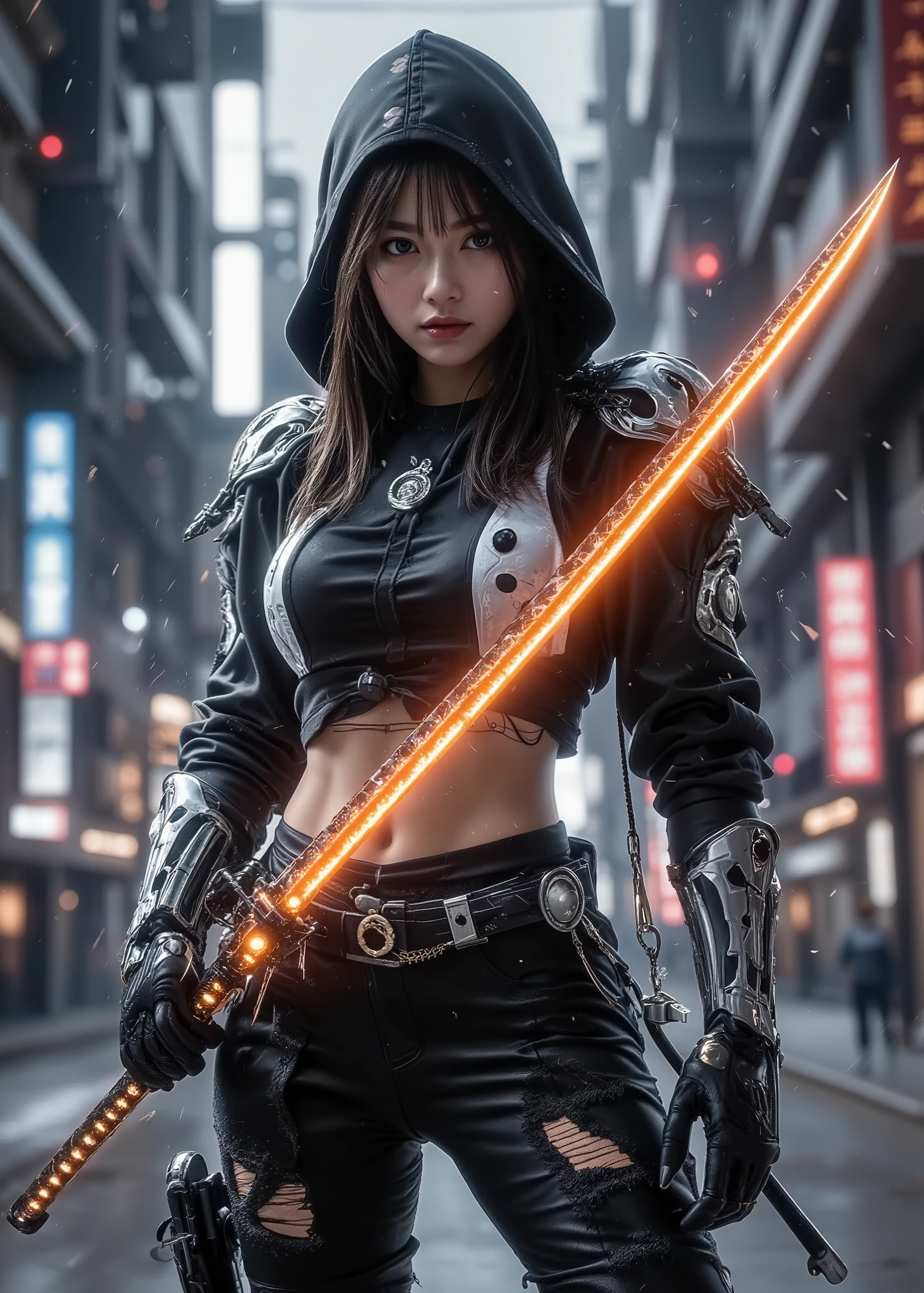 Super real full body photo , young girls ,身穿龐克風连帽 Knights Templar裝, I have an orange glowing sword ,I can see my beautiful stomach 、 Knights Templar, with cyberpunk city in the background
