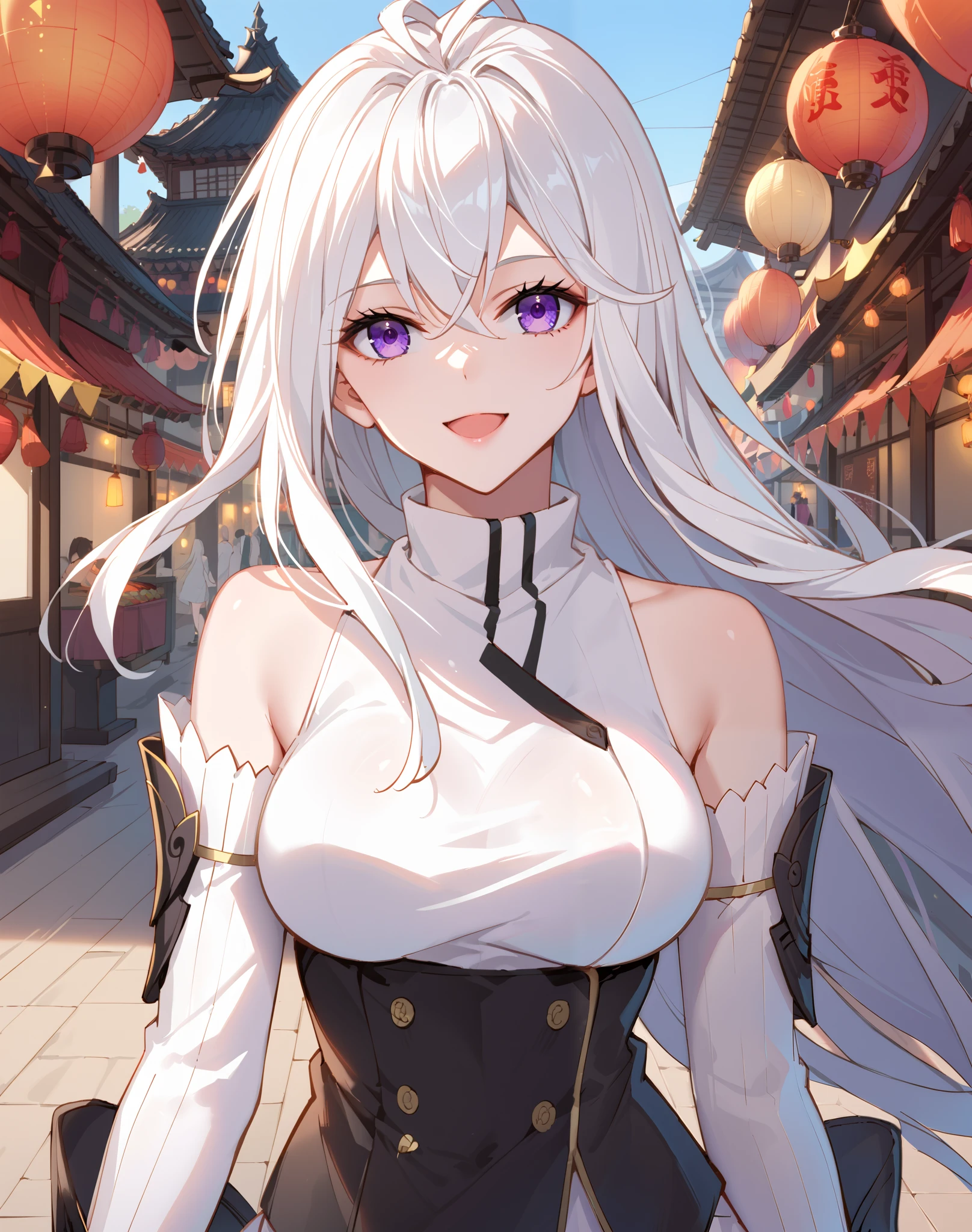 Gu_Yuena, white hair, long hair, purple eyes, antenna hair, guyuena clothes, collared shirt, detached sleeves, Vietnamese ao dai , festival, BREAK looking at viewer, sexy face, sexy smile, open mouth, cowboy shot, BREAK score_9, score_8_up, score_7_up, source_anime ,zPDXL,manhua,