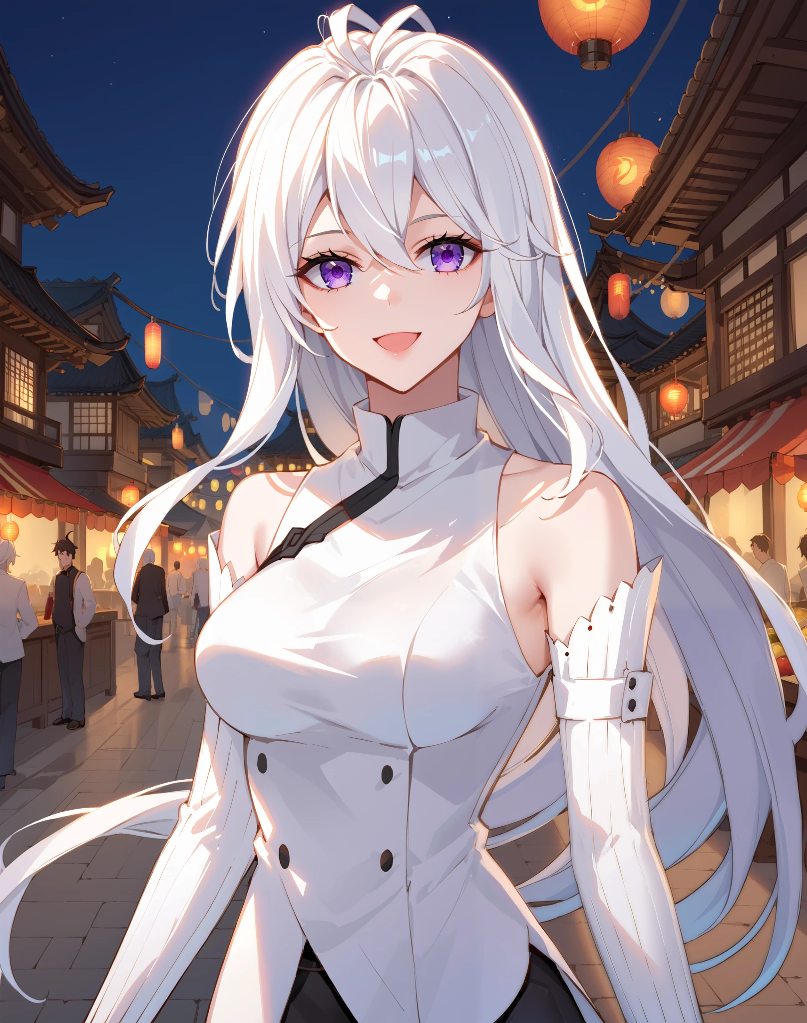 Gu_Yuena, white hair, long hair, purple eyes, antenna hair, guyuena clothes, collared shirt, detached sleeves, Vietnamese ao dai , festival, BREAK looking at viewer, sexy face, sexy smile, open mouth, cowboy shot, BREAK score_9, score_8_up, score_7_up, source_anime ,zPDXL,manhua,