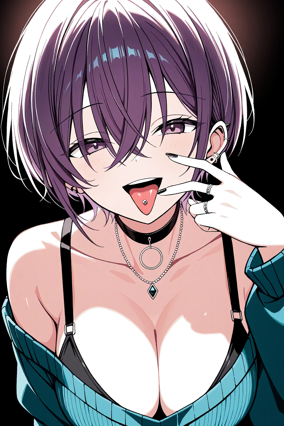 Masterpiece, Best quality, Ultra-detailed, Off-the-shoulder attire, Colorful,take up close, Hyper-detailing,purple color hair, reo mikage, bluelock, no sleeves, camisole, blue camisole, cheongsam, frilly camisole, underwear, choker, arm covers, sexy breasts, scar, big breasts, red blush, 1girl, Solo, sharpy face, heterochromia, green eyes, purple eyes, Bare neck, happiness face, heart pose