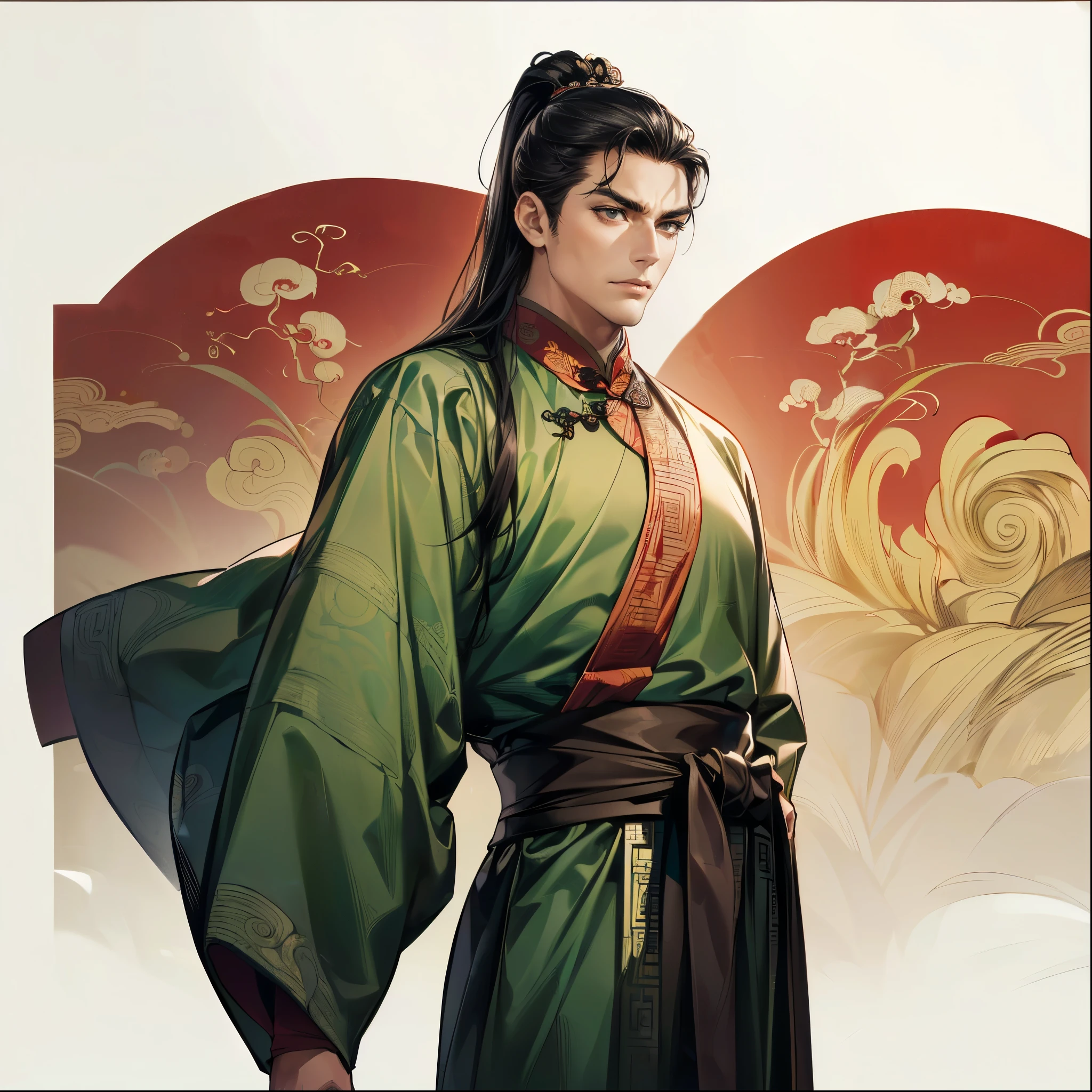 ( top quality,4K,8k, Hi-Res, Masterpiece:1.2),super detailed,(super fine illustration),(( A Man from Ancient China )),30 years ,Governor of the Three Kingdoms ,(Narrow eyes), detailed eyes:1.2, perfect eyes,(( Attractive Dark Eyes )),(( long black hair perfectly set,slicked back hair))),(( with a sad expression,Thin eyebrows,Mossy Cheeks )),cinematic lighting, soft shadows,((ancient Chinese black costume:1.3, looking up,from side)),(( cowboy shots with different designs:1.2)),(( WHITE BACKGROUND :1.3,simple background:1.3)),(( Standing:1.3,Depicted so you can't see everything from the tip of the head to the bottom of the waist:1.3))