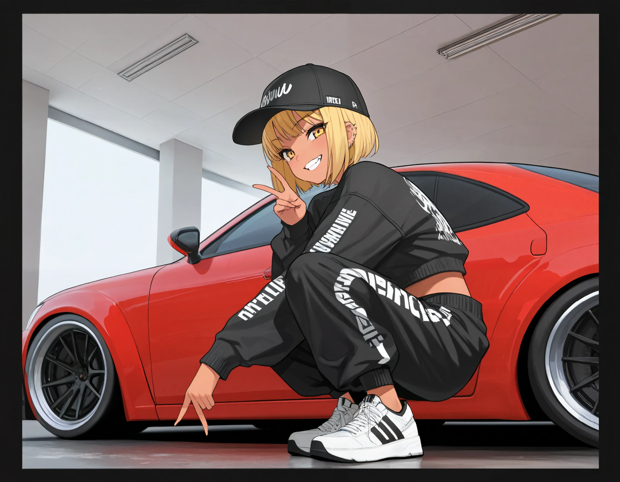 (best quality, highest quality:1.2), masterpiece, top quality, ultra high definition, rich contrasts, HD,8k, High Definition CG Unit Wallpaper, texture , Unbelievably Absurd, ultra high definition, RAW photos ,Deep border 1 .2, very detailed, 1girl, solo, stylish pose, ceiling, from side:1.2, squatting,
bimbo, cute, streetwear, oversized Lower pants, street style, sneakers, single V, There are many piercings, street cap,
glamorous, grin, fang, yellow eyes, blonde bob hair, tan, behind her a cars,