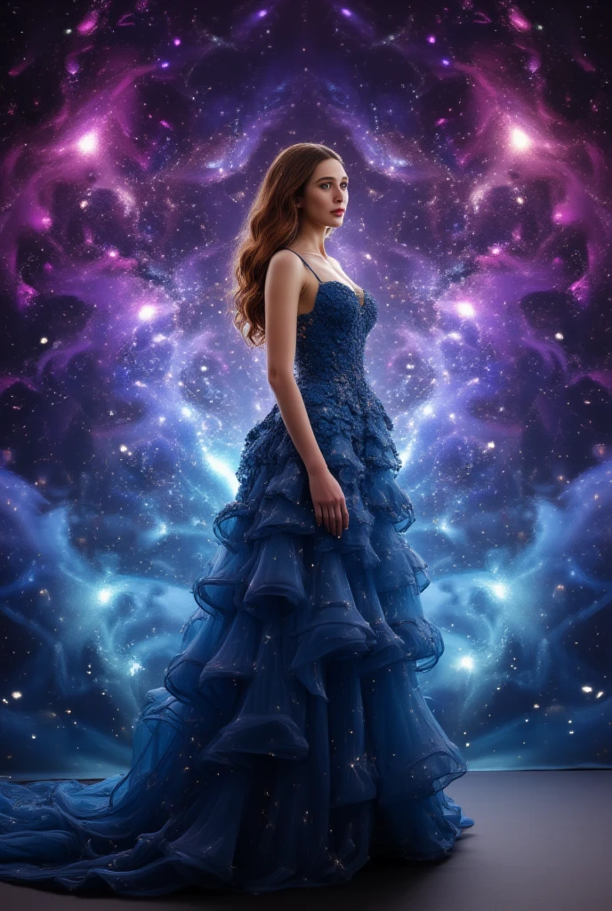 beautiful girl, in star silhouette dress, stars, scattering, neon, beautiful, big breasts, perfect, figure, nice, ((low angle)), relaxed pose, highly detailed, sublime, extremely beautiful, sharp focus, sophisticated, cinematic, intricate, elegant, dynamic, rich, deep colors, vibrant color, shining light, attractive, cute, lovely, full background, epic composition, dramatic atmosphere, radiant, professional, stunning