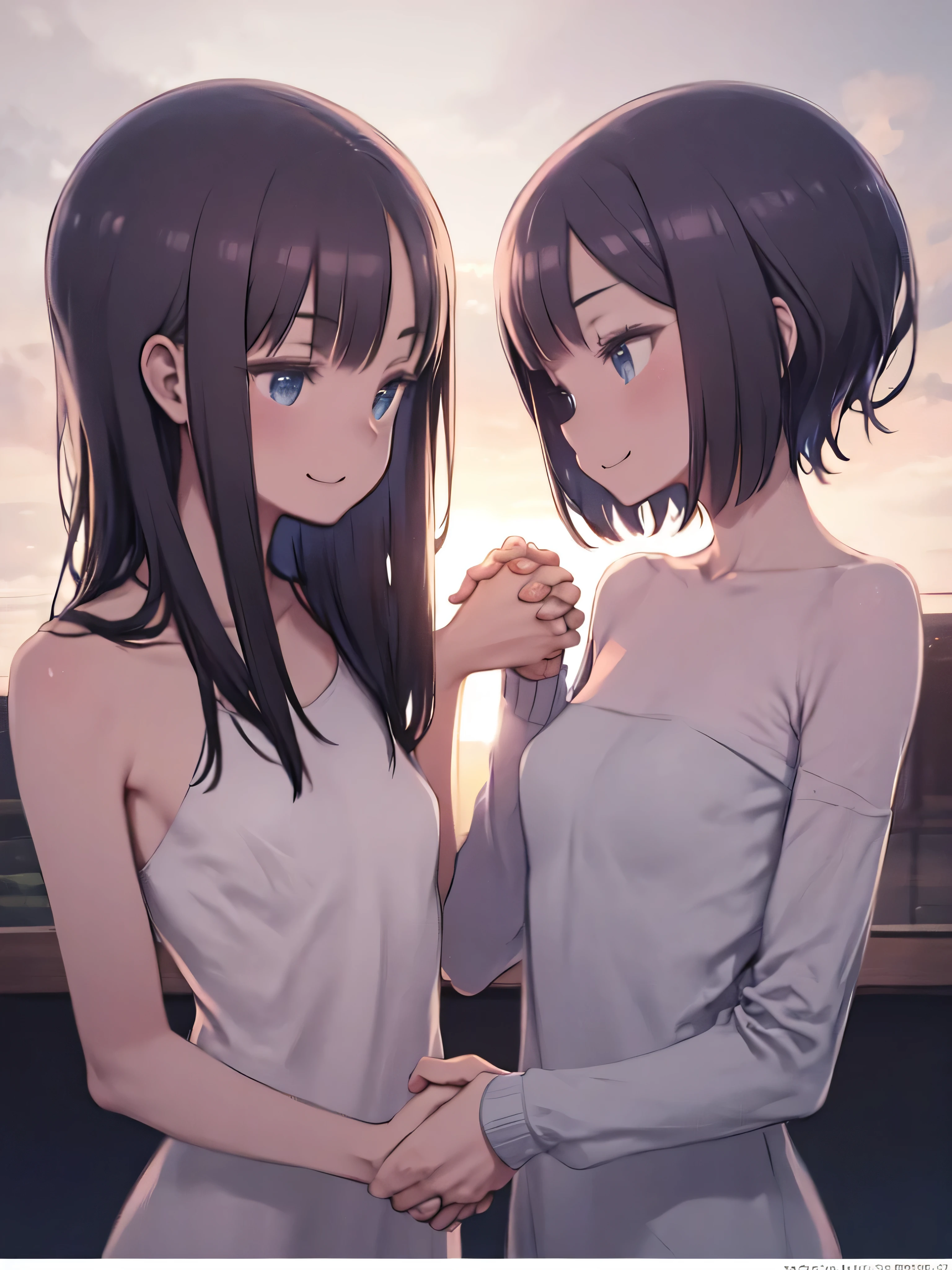 An image of the neighbors, one with a stern face, short black hair, and the other with a relieved expression, short brown hair, both wearing plain farming clothes (a loose shirt and pants), standing and deciding to share the tree and its fruits, shaking hands with smiles on their faces. (masterpiece, hd, best quality, 2d