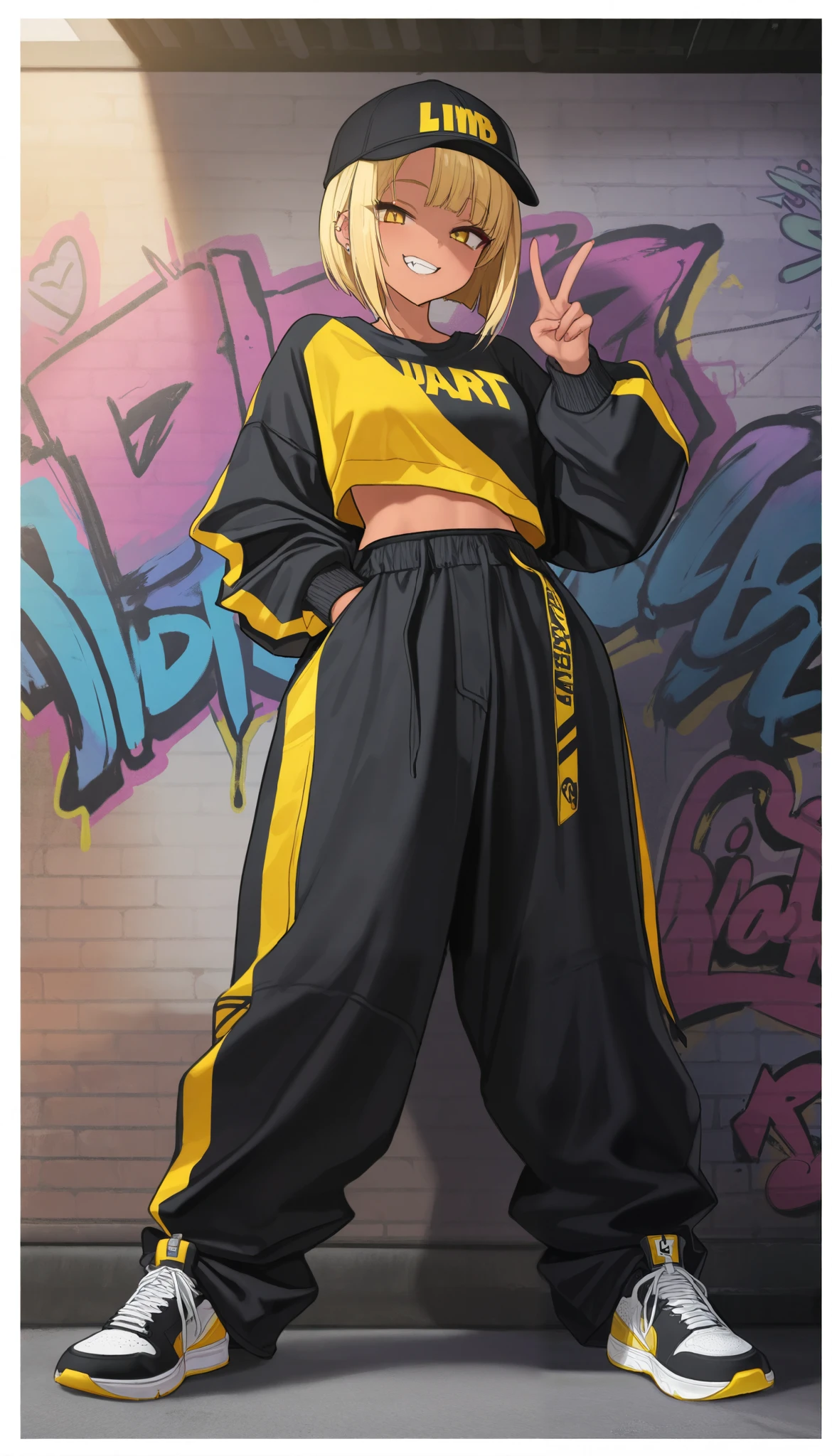 (best quality, highest quality:1.2), masterpiece, top quality, ultra high definition, rich contrasts, HD,8k, High Definition CG Unit Wallpaper, texture , Unbelievably Absurd, ultra high definition, RAW photos ,Deep border 1 .2, very detailed, back alley, graffiti wall, ceiling, standing,
bimbo, cute, streetwear, oversized Lower pants, street style, sneakers, single V, There are many piercings, street cap,
glamorous, grin, fang, yellow eyes, blonde bob hair, tan,