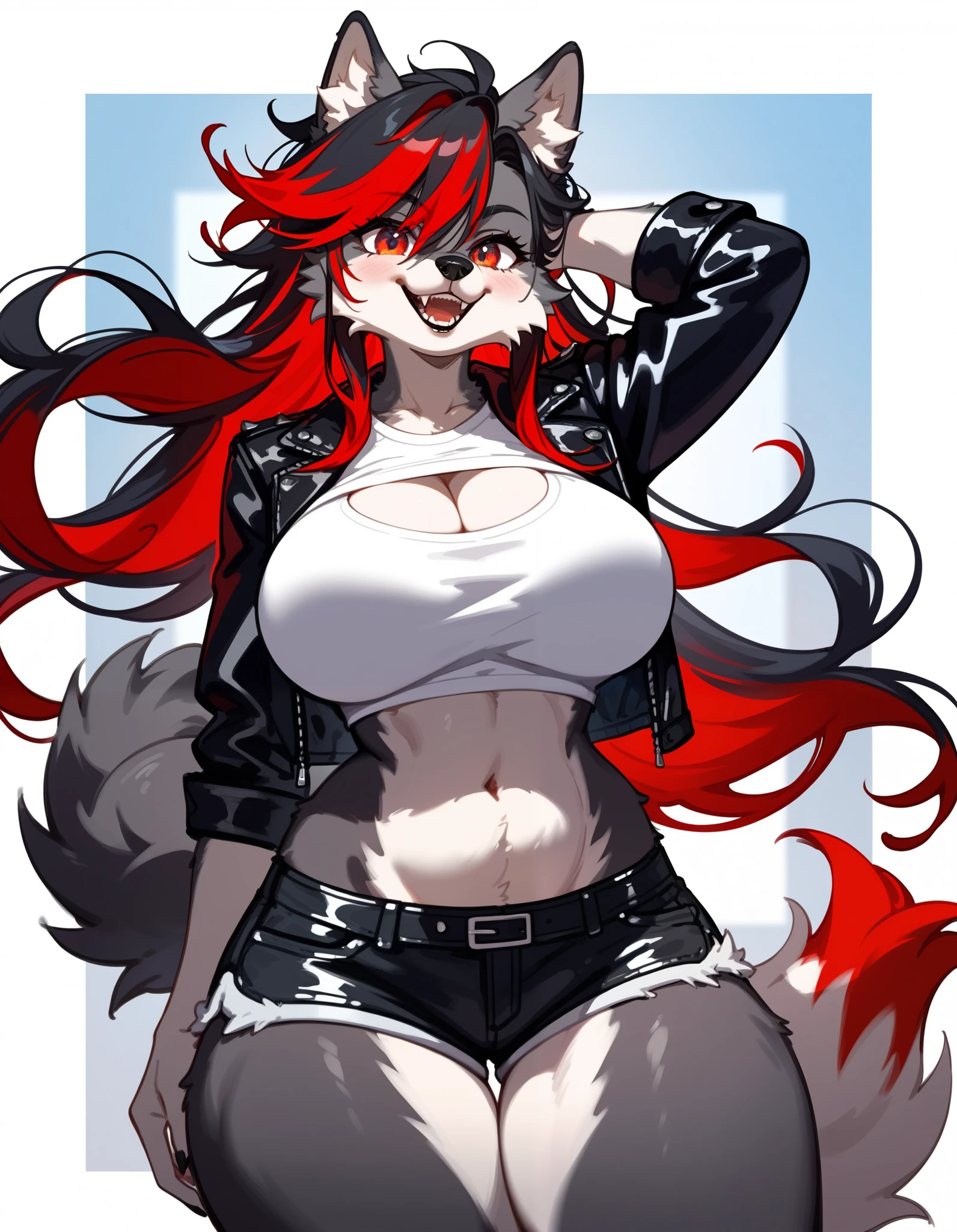 anime fantasy anthro style, a beautiful adventurer, (wolf with white fur), ((long red hair with black highlights)), open jacket over a loose t-shirt, short jeans shots, ripped tights, boots, hourglass body, mature beauty, (((posing))), confident smile. Highly detailed, fantastic action scene