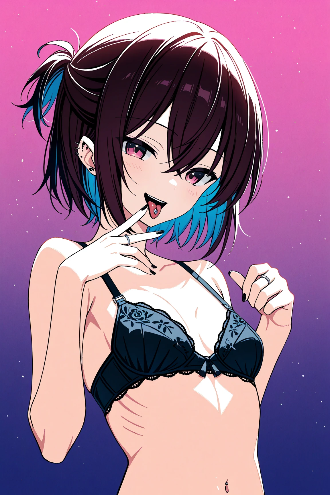 1 Girl, Punk Rock clothes, Short Shoulder Length Hair, Black hair, Blue and Purple Hair Highlight's, Deep Blue Eye's, Medium Breast Size, Underboob, Sassy, Sexy, Slutty, Pale white skin, Freckles, Tight Button Up Shirt, Black Leather Pants, 