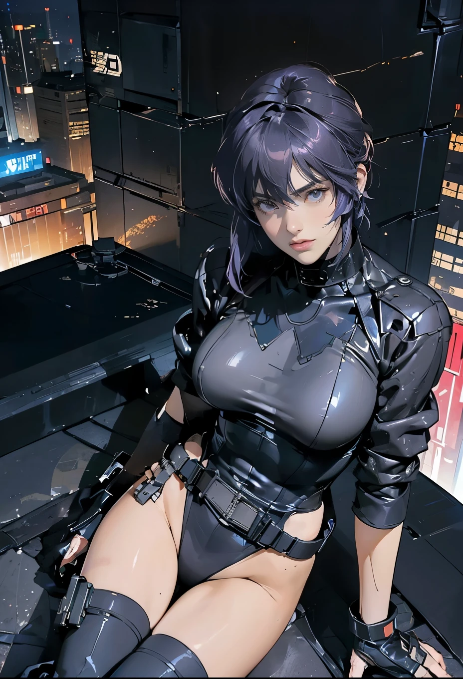 kusanagi motoko, anime style beautiful woman, Elongated, Skinny, mediuml breasts, a slender waist, (tmasterpiece, Best quality at best:1.2), cow boy shot, Alone, 1个Giant Breast Girl, face expressionless, Keep your mouth shut, looking at viewert, arms folded, Transparent black tights, Raise your legs, mitts, Chopping, the night, get down on the bed,Best quality at best, A high resolution.