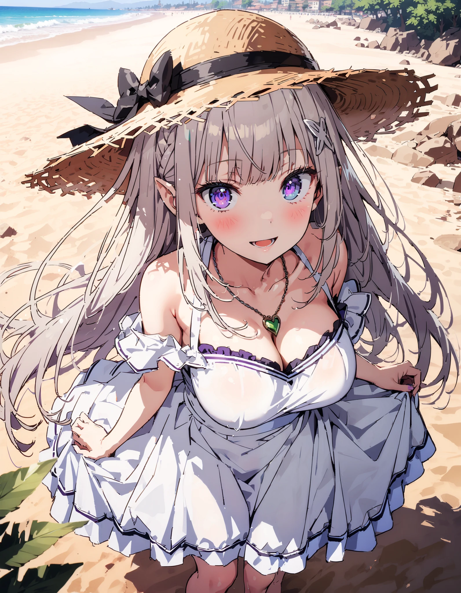 Emilia, braided, crown braided, flower, hair flower, Hair Ornament, hair bow, long hair, pointed ears, purple eyes, Gray Hair, x Hair Ornament, big breasts, straw hat,smile,blush, open your mouth, black off-shoulder dress, heart shaped necklace , white long skirt, barefoot,evening, in the sun's nature, are standing,,whole bodyがイラストに入るように,
break oudoors, beach,
break looking at viewer,whole body,
break ( Masterpiece:1.2), top quality , kampala, Unity 8k Wallpaper,(shape:0.8),( fine, beautiful eyes :1.6),It's a person ,whole body写真,CG Details , ( perfect hands, Complete Anatomy),