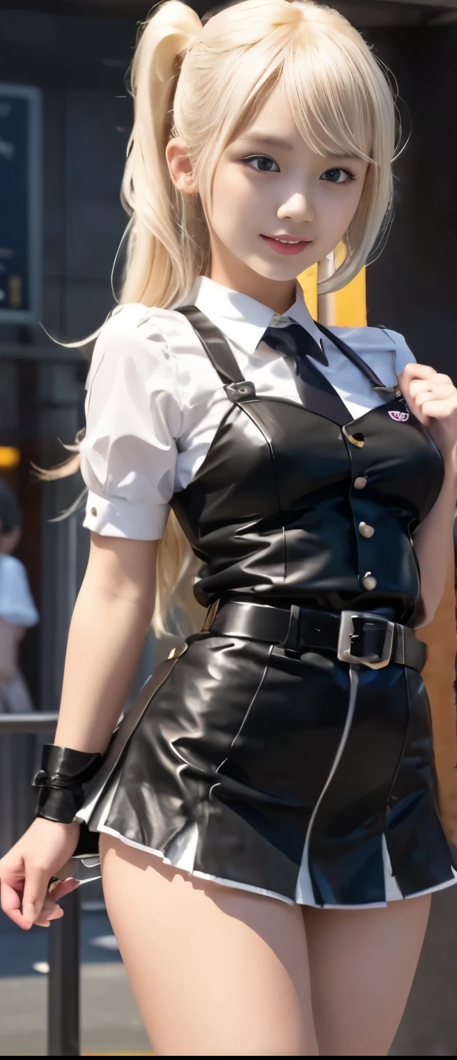 Cool Idol Girl ( platinum blonde hair)、A pure girl's face、 hypo、、fluorescent orange waitress uniform、Pearl belt 、、Glowing