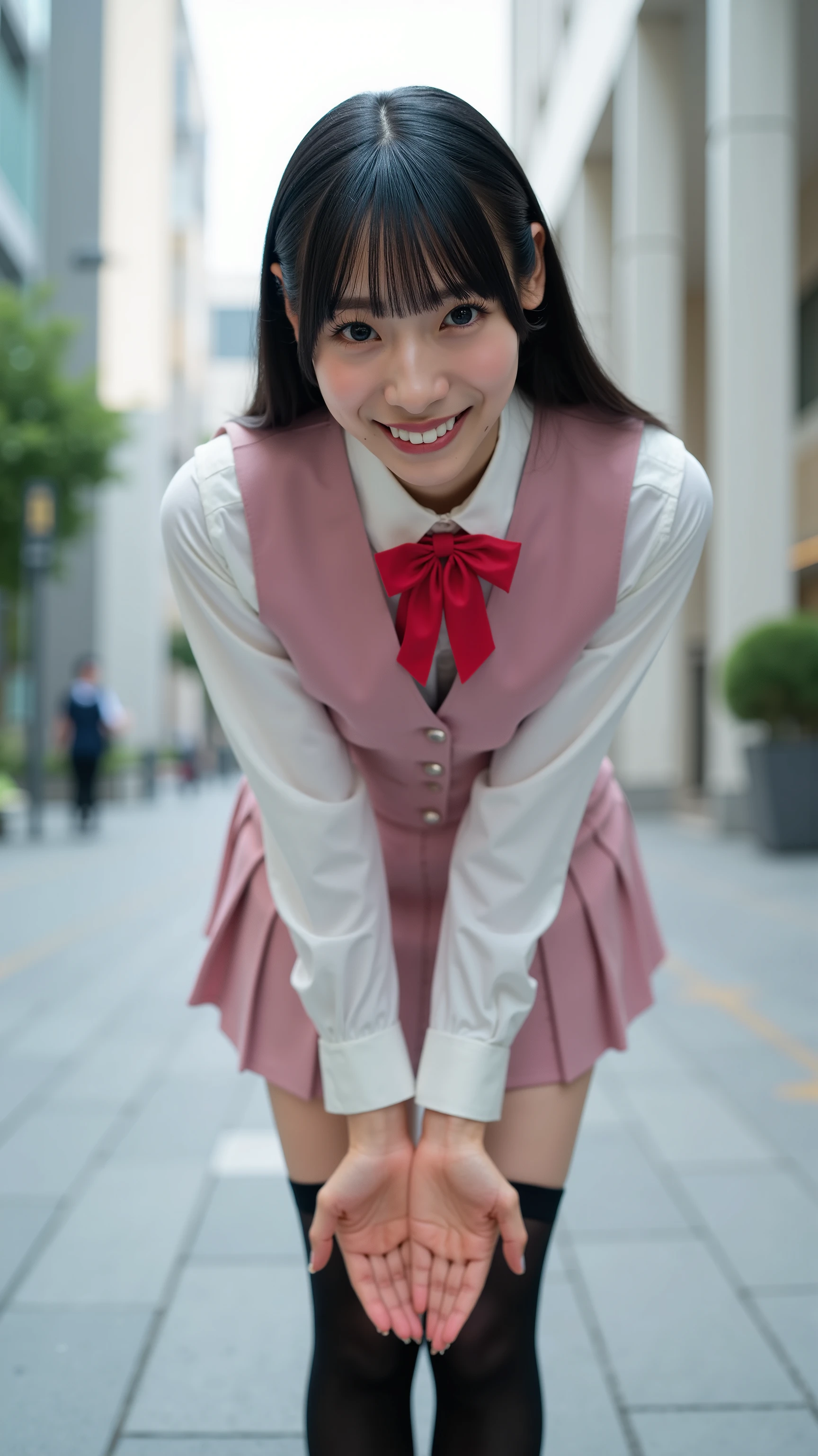 A high resolution photograph of a Japanese young woman, masterpiece, amazing quality, intricate details, professional lighting, fashion shoot, solo, 1girl, an office lady, full body, (tall, small head, small face, tiny breasts, slender, slim and thin body), straight long black hair with bangs, detailed face, detailed eyes, sophisticated nose, smiling, looking at the viewer, (lite-pink office lady uniform, vest, white collared shirt, red bowtie, pleated mini-skirt, black thighhighs, zettai-ryouiki, pumps:1.2), (standing, forward bending, arms reached out in front of herself, stretching arms, open hands, showing both palms facing up:2.5), outdoors,