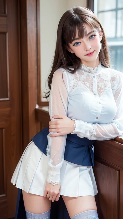 ((muste piece, best quality, High resolution, ticker, perfect pixel, In 4K, ticker, ticker))), 1 girl, Single shot, solo, beautiful woman、I can see the whole body, ((middle wave hair, bangs, brown hair)), ((brown eyes, Beautiful eyelashes, Realistic eyes)), ((detailed face, red face:1.2)), ((Smooth texture:0.75, realistic texture:0.65, It's photorealistic:1.1, Anime CG style)), big breasts, dynamic angle, perfect body, ((English Made, white frilled maid headband, frilled blouse, ribbon tie, apron, navy blue mini skirt, silk socks, high heels)), City staircase, Looking up from the bottom of the stairs, I feel very embarrassed, Panic Smile, turn around, slouch, ((The wind flipped my skirt and exposed my butt...................., retrospective perspective, Touching the buttocks with both hands, Silk lace panties, shiny thighs)),