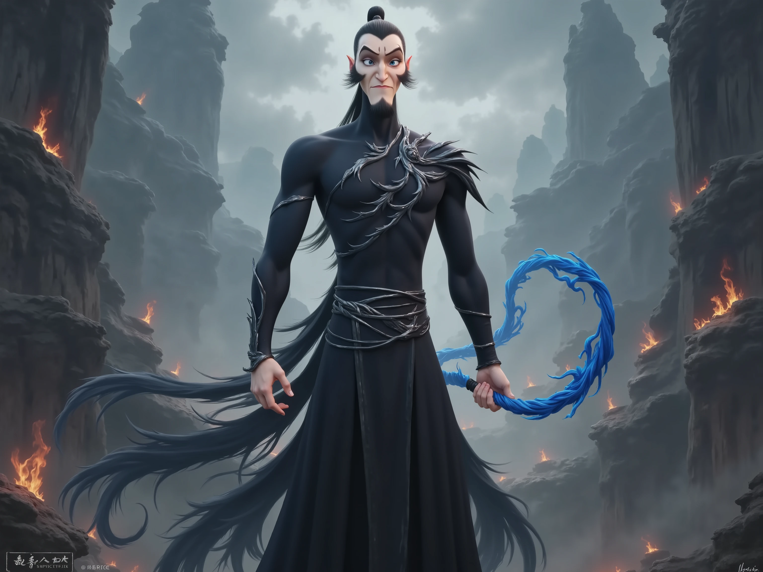 ( masterpiece, top quality:1.2), Game anime characters, alone,beard, Black Robe ,slim。Holding a blue whip in his hand。Kung Fu Action ,flame,cliff,Ominous clouds,Grand scene,Large game scene