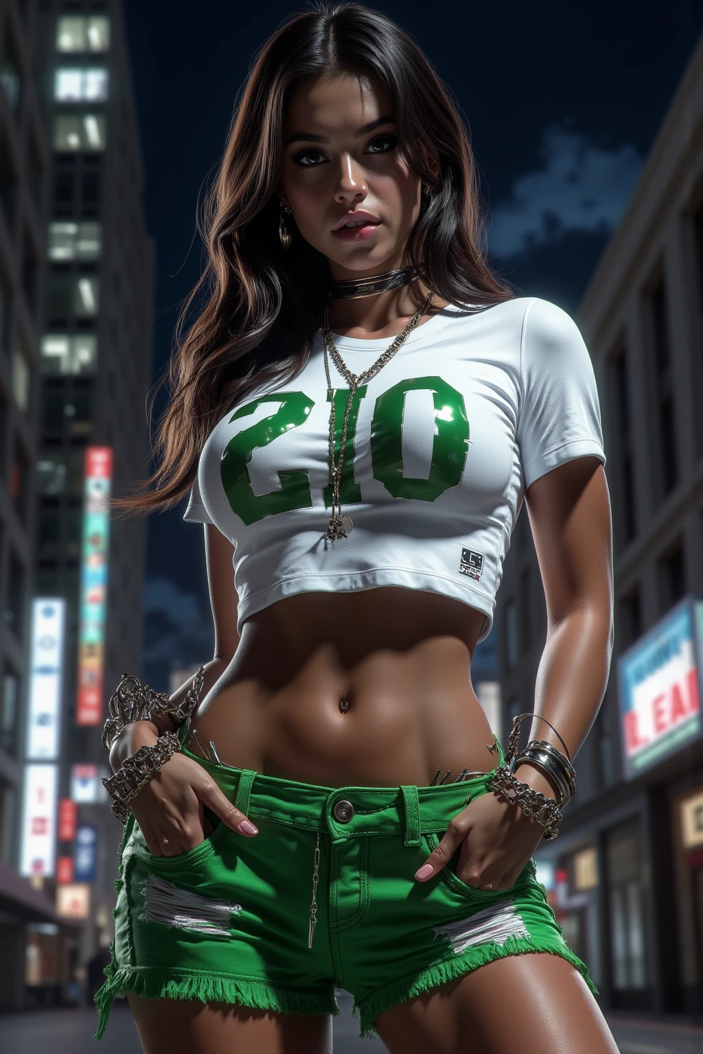 (ultra realistic,32k, masterpiece:1.2),(high detailed skin:1.1),( high quality:1.1),
<lora:WinxClubLaylaAisha:0.8>Aisha/Layla, brown skin, dark-skinned female, curly hair, long hair, brown hair, red strips in hair, blue-green eyes, (mascara, long lashes:1.1), CasualOutfit, pink cropped tank-top, green skirt, white socks, green boots, city park, sunshine, palms, blurry background,,(looking at viewer, standing, from above:1.1),, (huge breast,large breast:1.2),<lora:add_detail:0.93>,
(backlight:1.1),