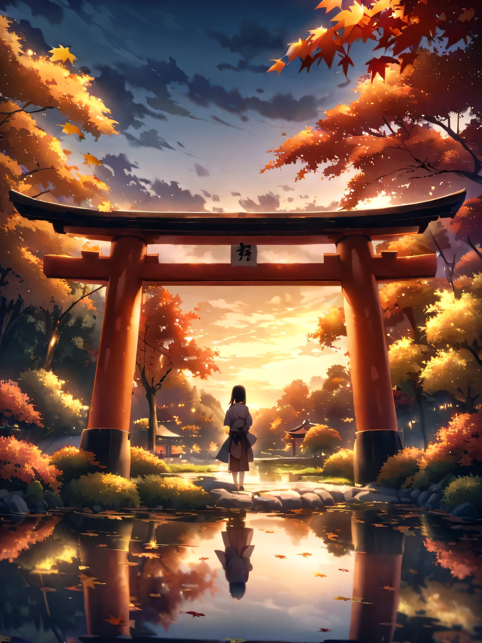 evening、The pond reflects like a mirror 、 torii、 A Japanese garden with beautiful autumn leaves 、 Scenery of autumn leaves reflected in the pond 、 Quiet Japanese Taste 、 solemn atmosphere 、 Soothing the soul 、Scenes of autumn leaves 、