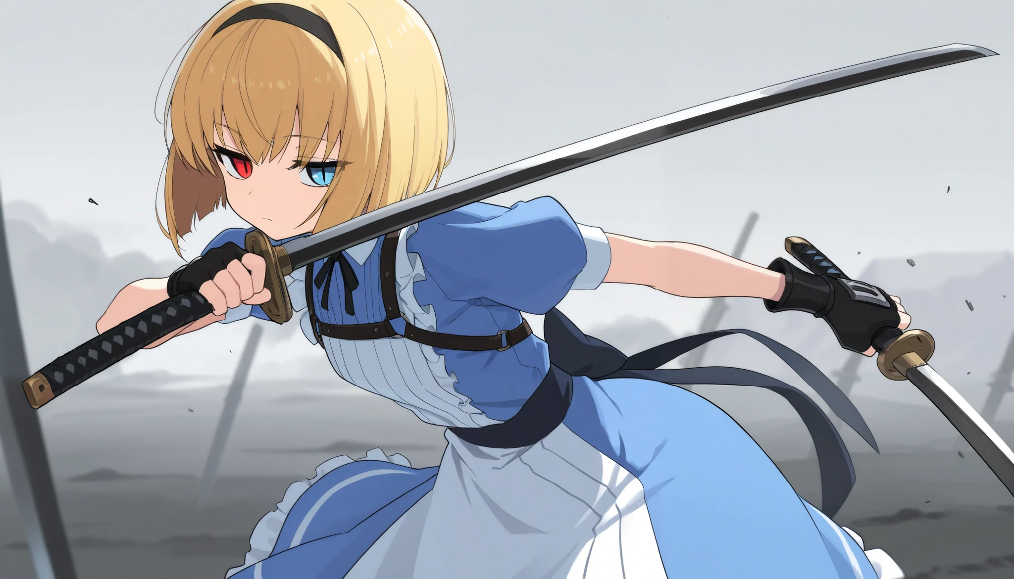 Anime girl with a sword in her hand and a blue dress - SeaArt AI