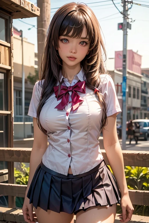 (Name: Dasha Raminov), Pretty, Russian, (Long Hair to Shoulder), Brunette, (Big Breast covered by School Outfit), (tight Cotton School Girl Outfit), (Beautiful Detailed Eyes), Detailed Character 1.2, Realistic, sfw