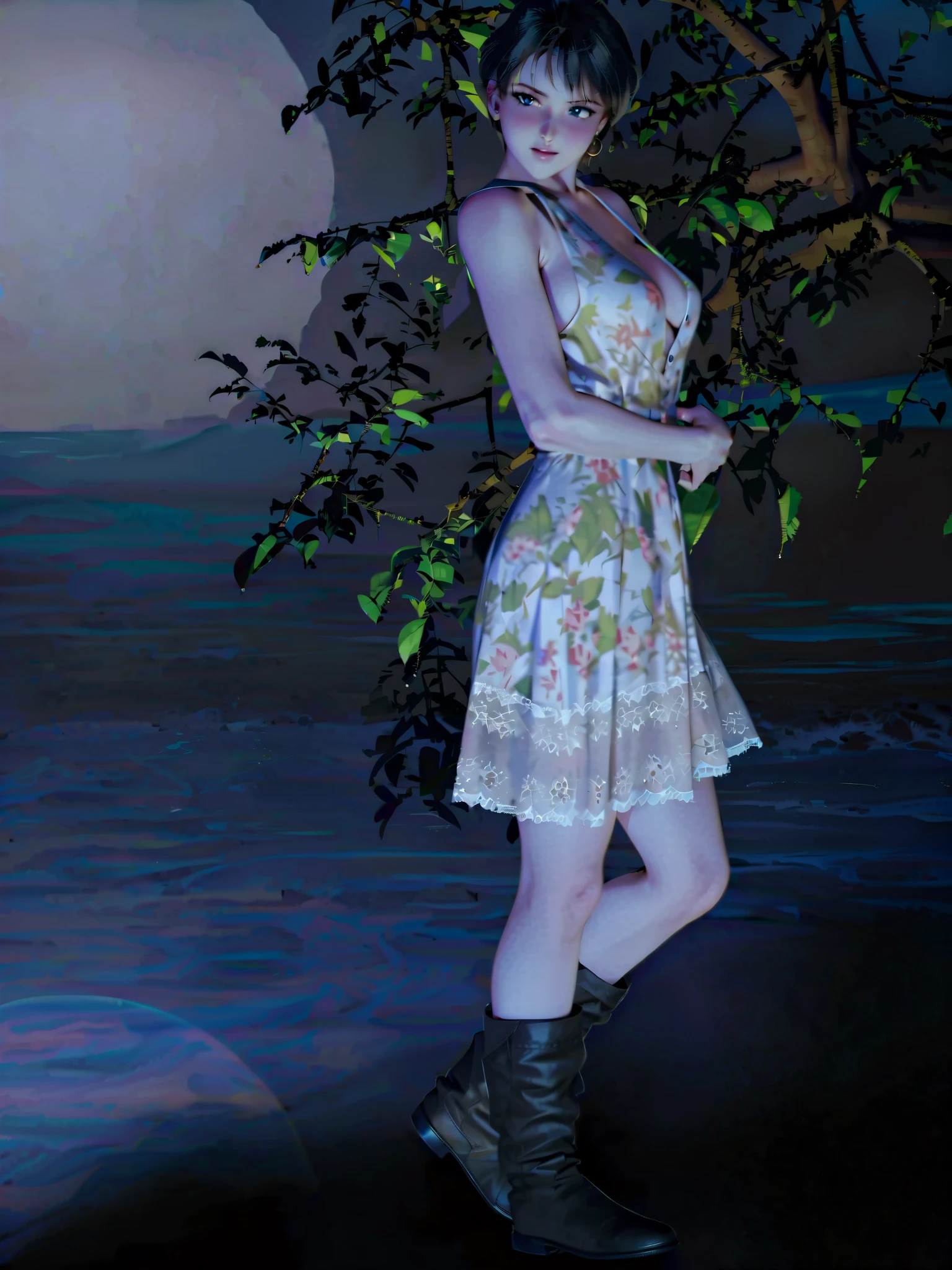 Masterpiece, top quality, very aesthetic, is ridiculous,1990s \( style\), 1 GIRL,Alone, sailor uranus XL, blue swimsuit, blue eyes, short hair,very short hair,1 pair of earrings , blond hair left and right, happy,null,wind,cowboy shot, beach,