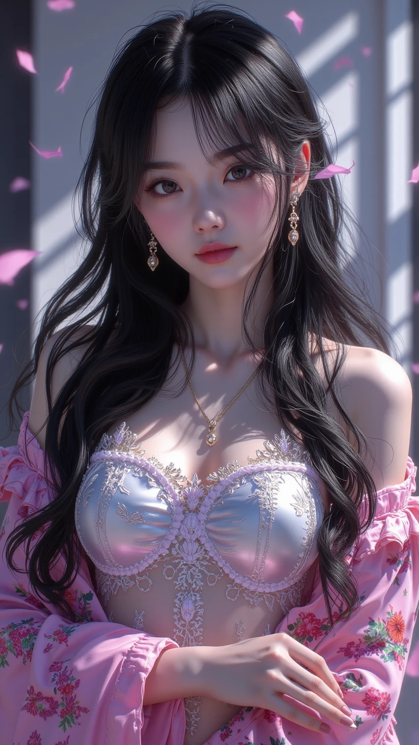 Sweet girl clothes7,skirt, ((best quality, 8k, masterpiece: 1.3)), ((knee shot)), sexy的亚洲女模特, blush, (seduct smile: 0.8), hair accessories, necklace, Jia, Tyndall effect, actual, light edge, Two-tone lighting, 8k ultra hd, SLR camera, high quality, Volumetric lighting, sneak peek, photo, high resolution, 4K, 8k, background bokeh, earrings, 35mm, High detail hair, broken to pieces, portrait, Ultra-clear face, (lakeside, grassland), slim and beautiful, sexy, slender legs, A plump chest, cleavage, (long hair casual, :1.2), The face is super delicate, exquisite eyes, double eyelids, necklaces, earrings, light and shadow, high detail light and shadow, (flowers, peony, Rose)