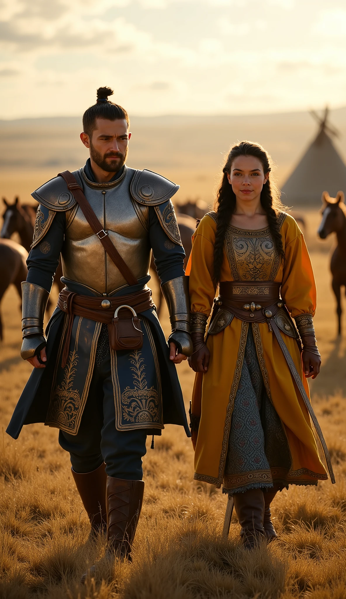 A handsome young warrior and a beautiful, sexy, big boobs maiden from 13th-century Kazakhstan stride forward with strength and confidence, their gazes sharp and unwavering. Both are 20 years old, with striking and charismatic features—high cheekbones, almond-shaped eyes, and strong jawlines, reflecting the proud nomadic heritage of the Kazakh steppes.
The young man’s thick, dark hair is tied back in a warrior’s braid, while the young woman’s long black hair is neatly woven into a single plait, adorned with silver rings and beads. They wear traditional warrior attire inspired by the 13th-century Kazakh steppe warriors, their garments crafted from finely embroidered fabric and reinforced with leather and metal plates. The outfits are in shades of blue and gold, reflecting the colors of the Kazakh flag. Intricate patterns symbolizing power and unity decorate their tunics and armor.
Each warrior firmly grips a shamshir, a curved Kazakh sword known for its speed and precision in battle. The blades glisten under the golden steppe sun, and the handles are wrapped in fine leather, with silver inlays carved in traditional motifs. Their leather belts hold small pouches and daggers, essential tools for any nomadic warrior.
The cinematic background showcases the vast Kazakh steppes, with rolling golden grasslands stretching endlessly. A few yurts stand in the distance, while wild horses gallop freely under the vast, open sky. The morning sun rises behind them, casting long shadows as they walk forward with the fierce and proud spirit of their ancestors.