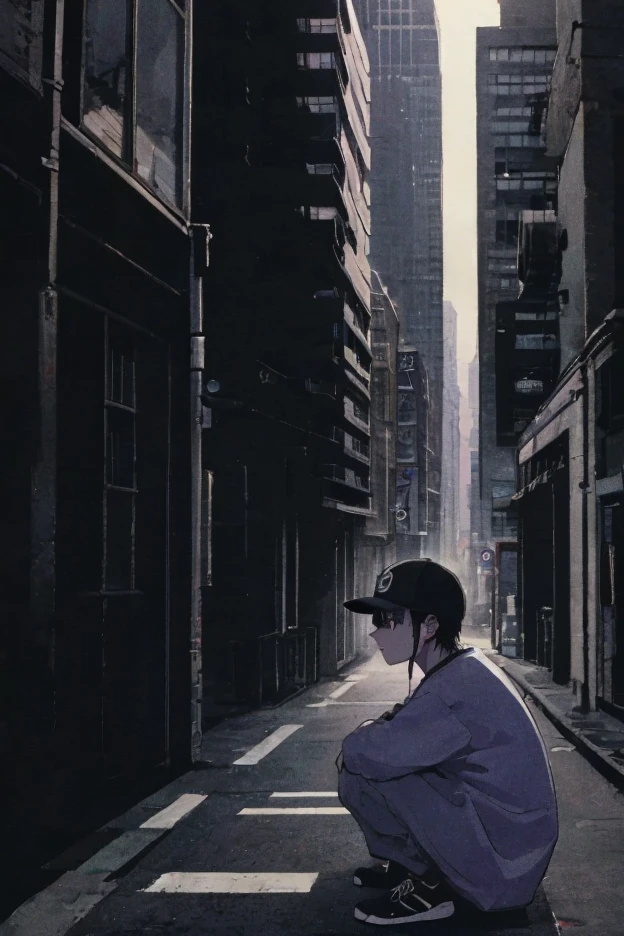 masterpiece, best quality, amazing quality, very aesthetic, newest, 1male, matured, adult, attractive, personification, short black hair, dark purple eyes, tired, baseball cap, crouched, alone, oversized cyberpunk pastel outfit, in city, night, side profile, low contrast