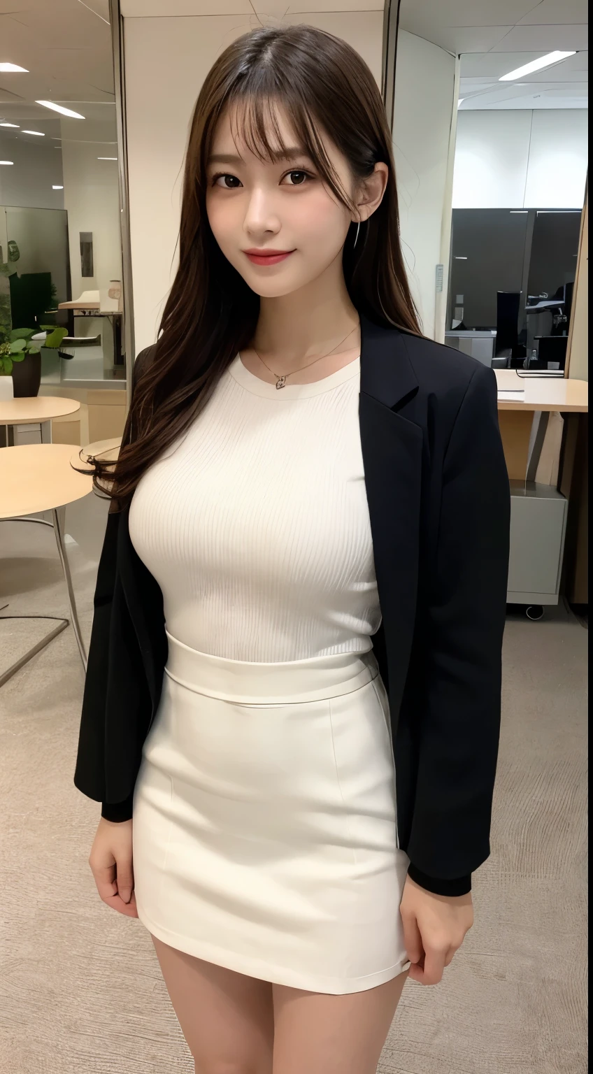 Commuting Office district Walking、, Highest quality, shape, Very detailed, In detail, High resolution, 8k wallpaper, Perfect dynamic composition, Beautiful details, Natural Lip, suit, Big Breasts, Cleavage, She is looking outside and smiling.., A masterpiece of the whole body, Full Body Shot