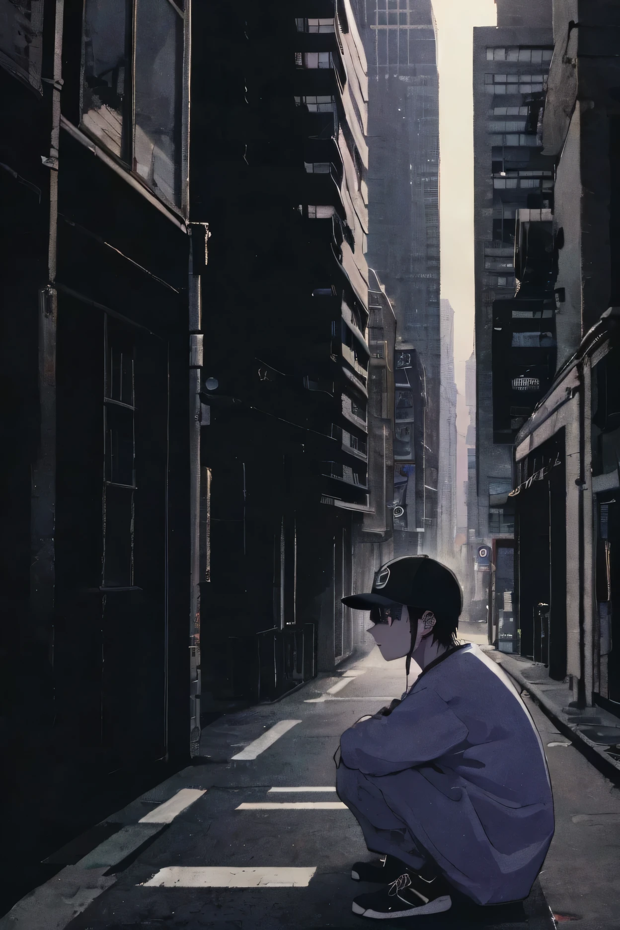masterpiece, best quality, amazing quality, very aesthetic, newest, 1male, matured, adult, attractive, personification, short black hair, dark purple eyes, tired, baseball cap, crouched, alone, oversized cyberpunk pastel outfit, in city, night, side profile, low contrast