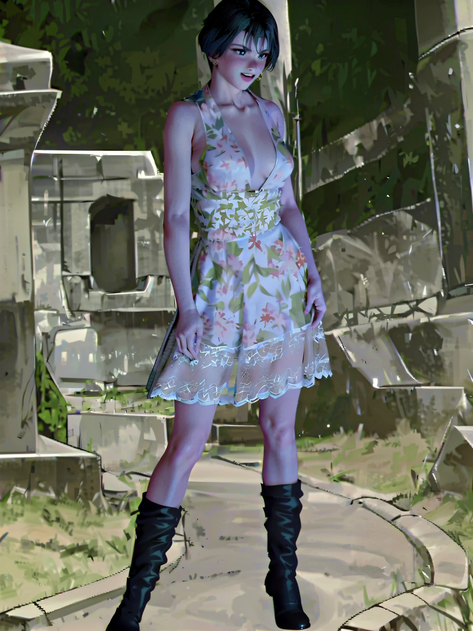 Masterpiece, top quality, very aesthetic, is ridiculous,1990s \( style\), 1 GIRL,Alone, sailor uranus XL, blue swimsuit, blue eyes, short hair,very short hair,1 pair of earrings , blond hair left and right, happy,null,wind,cowboy shot, beach,