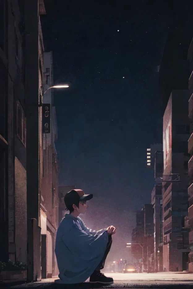 masterpiece, best quality, amazing quality, very aesthetic, newest, 1male, matured, adult, attractive, personification, short black hair, dark purple eyes, tired, baseball cap, crouched, alone, oversized cyberpunk pastel outfit, in city, night, side profile, low contrast