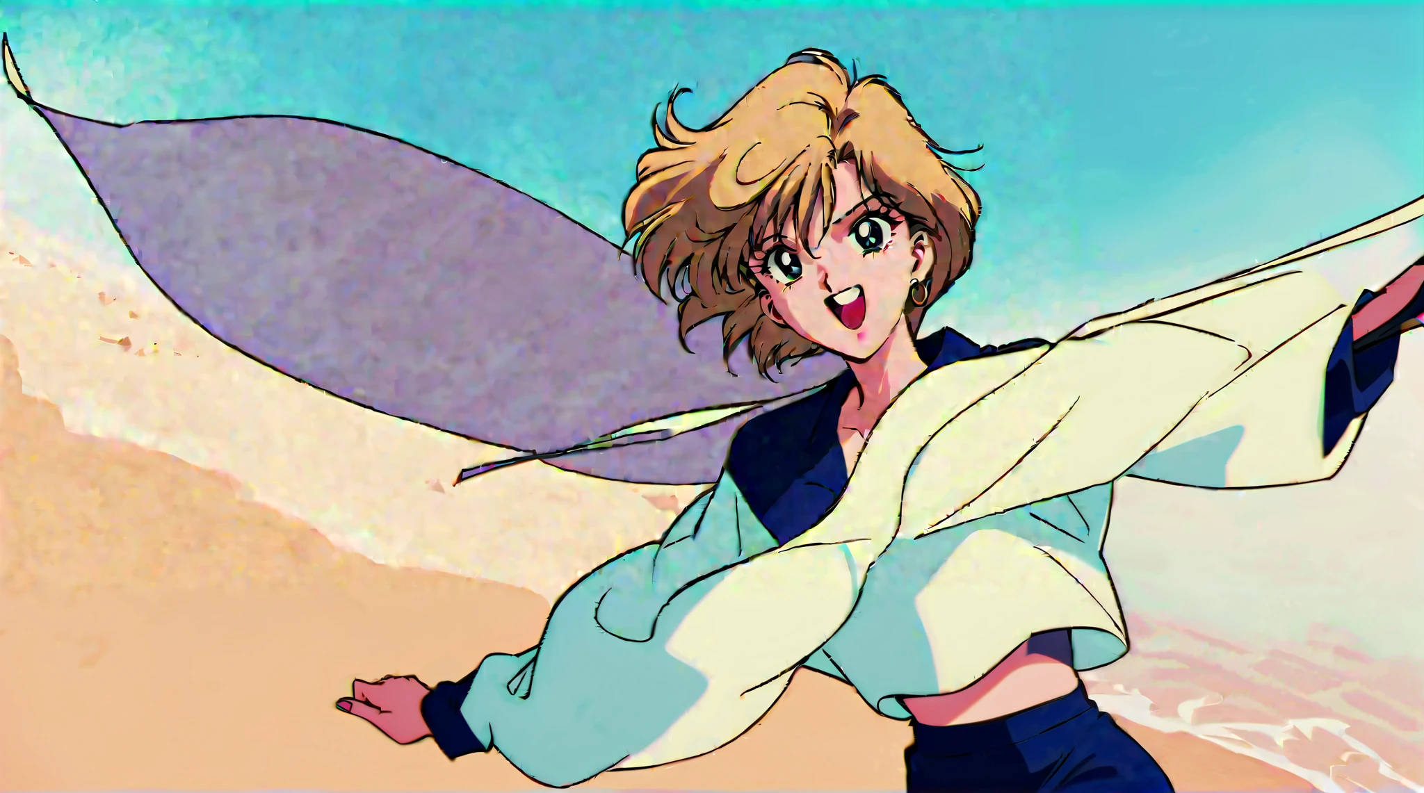 Masterpiece, top quality, very aesthetic, is ridiculous,1990s \( style\), 1 GIRL,Alone, sailor uranus XL, blue swimsuit, blue eyes, short hair,very short hair,1 pair of earrings , blond hair left and right, happy,null,wind,cowboy shot, beach,