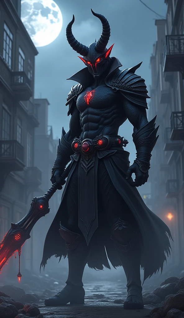 A anime villian, with dark black armor, a slim body with little musle and a red bandana on hos forehead showing little of his face and no cape.