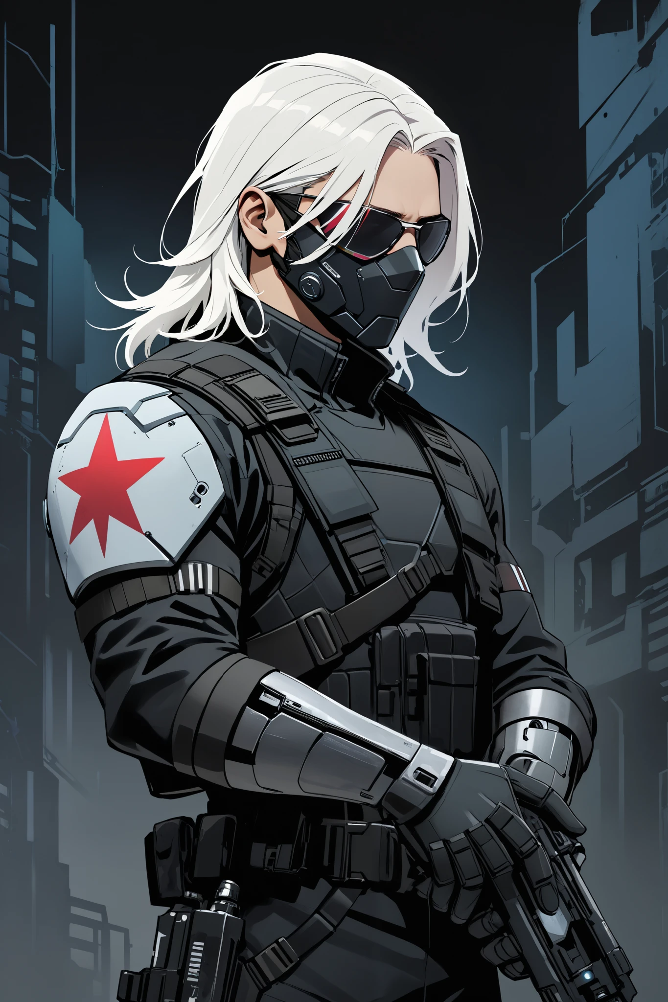 Man with Winter soldier left arm, open left arm showing mechanical arm, Black tactical jacket, gloved hands, masked face, Shades, white dyed hair, medium middle part down hair, dark cyberpunk backdrop, plain right arm band
